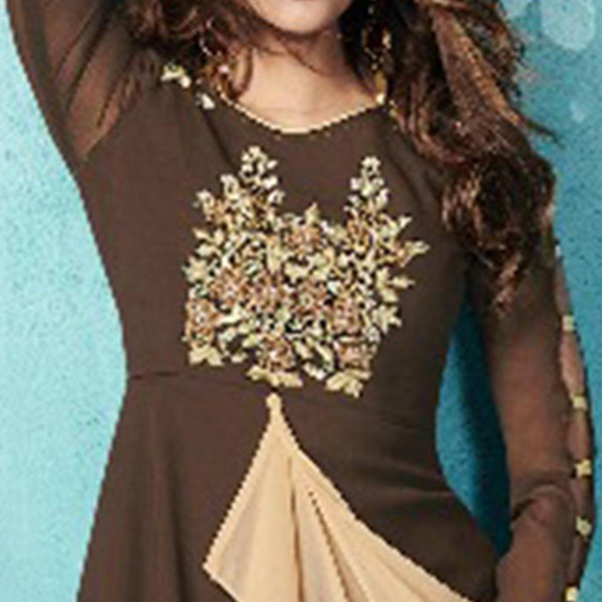 Precious Dark Brown Colored Embroidered Party Wear Faux Georgette Kurti - Peachmode