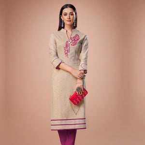 Preferable Beige Colored Partywear Embroidered Cotton Kurti - Peachmode