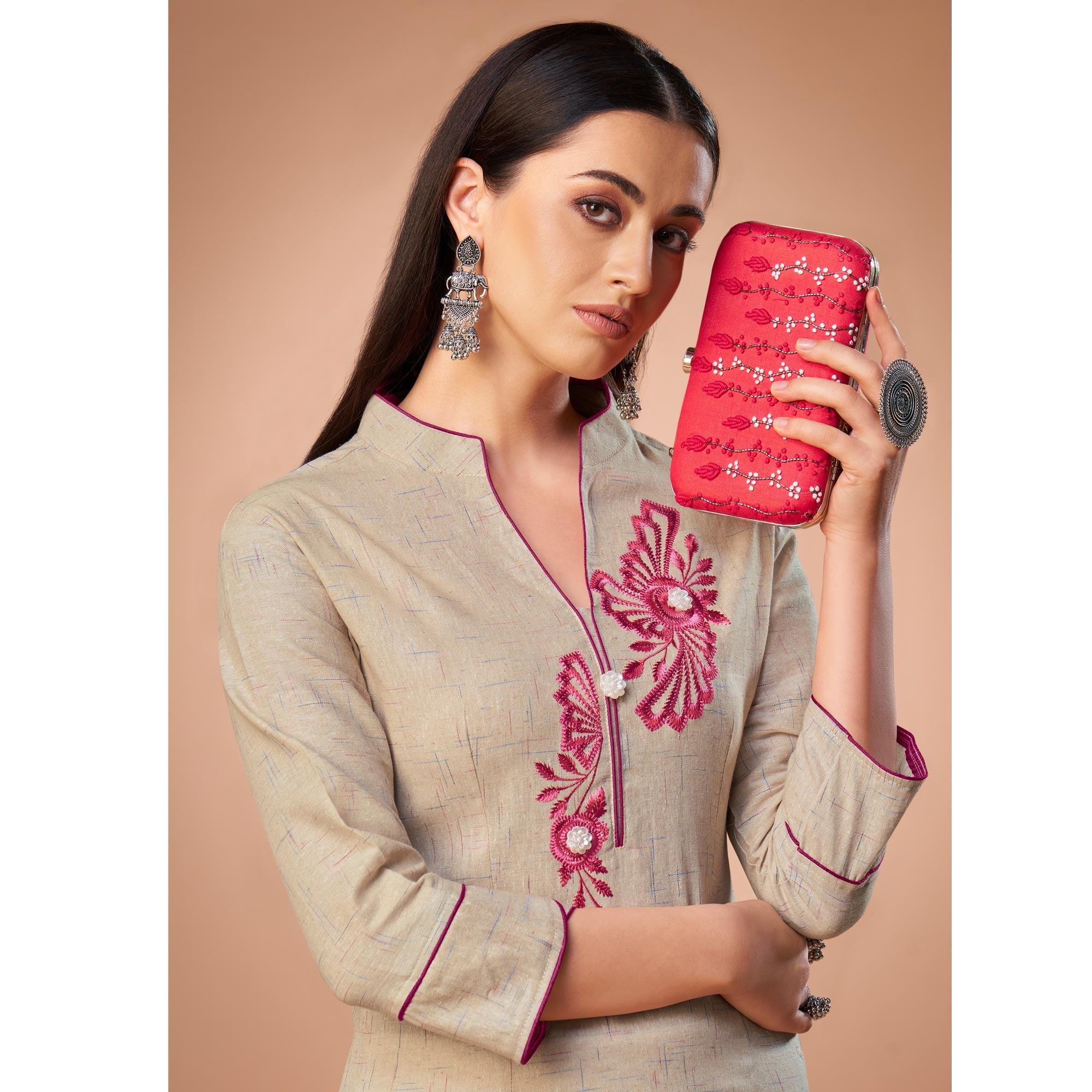 Preferable Beige Colored Partywear Embroidered Cotton Kurti - Peachmode