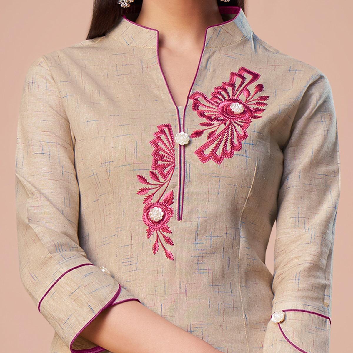 Preferable Beige Colored Partywear Embroidered Cotton Kurti - Peachmode