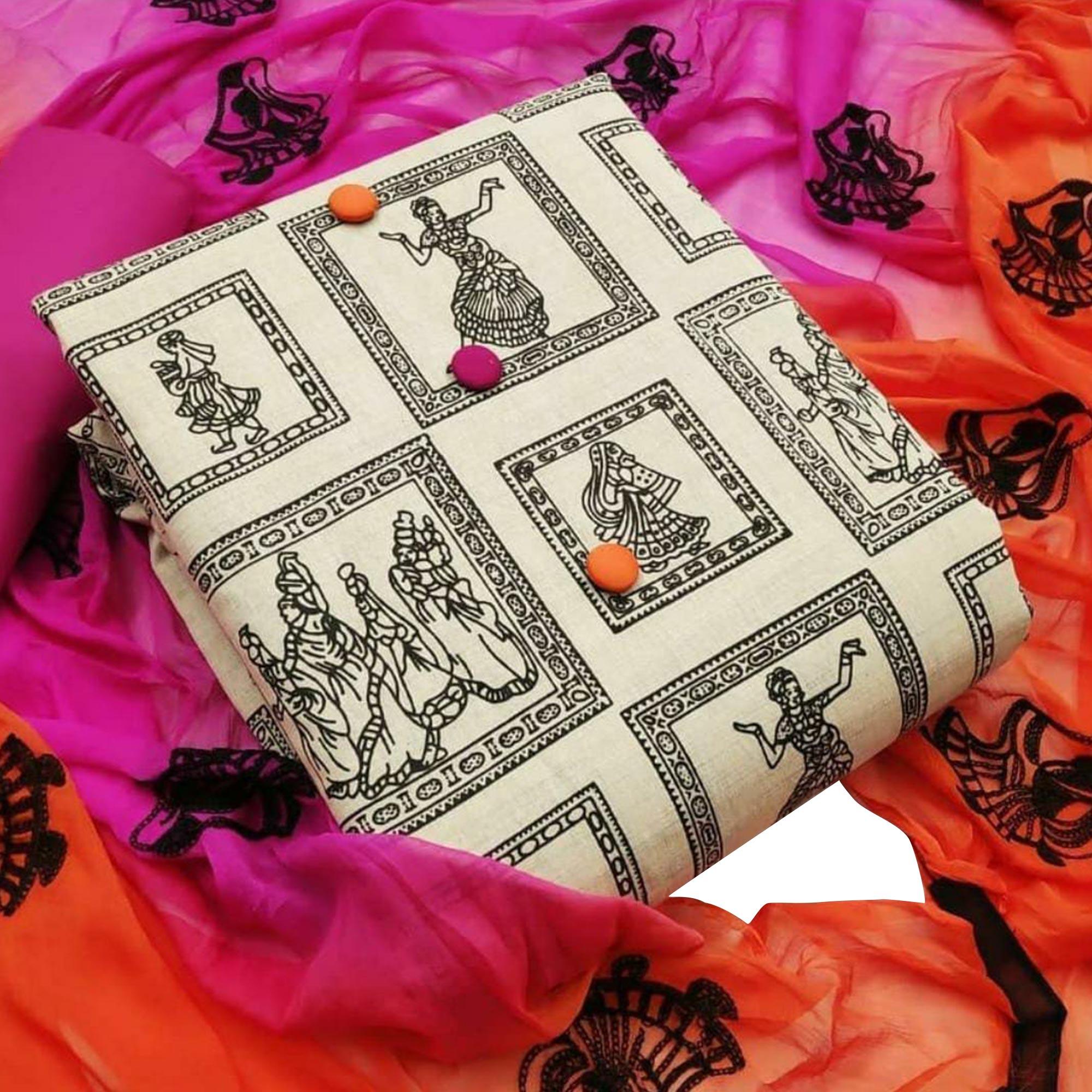 Preferable Beige-Pink Colored Casual Wear Printed Cotton Dress Material - Peachmode