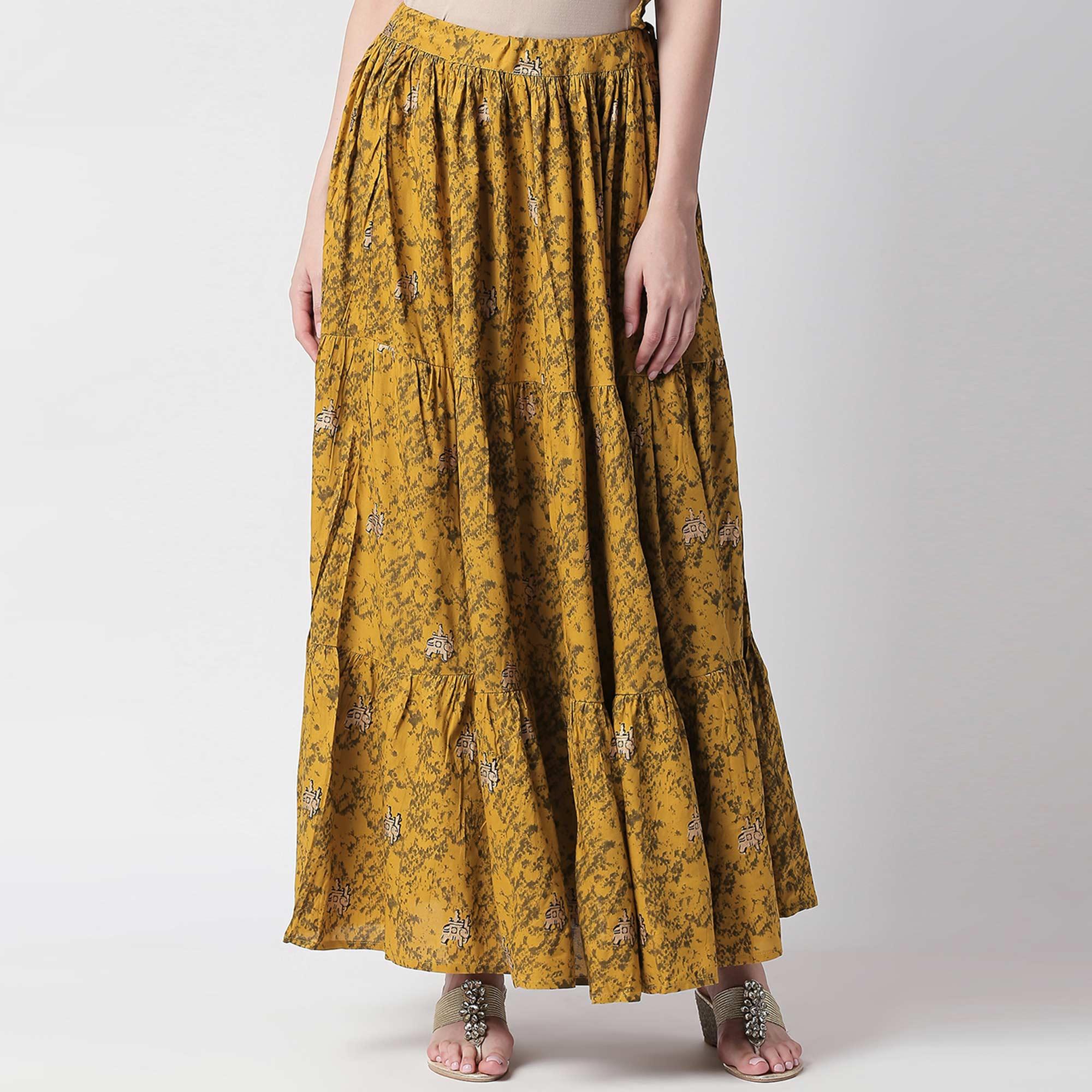 Preferable Black-Green Colored Partywear Embroidered Cotton Kurti-Skirt Set - Peachmode