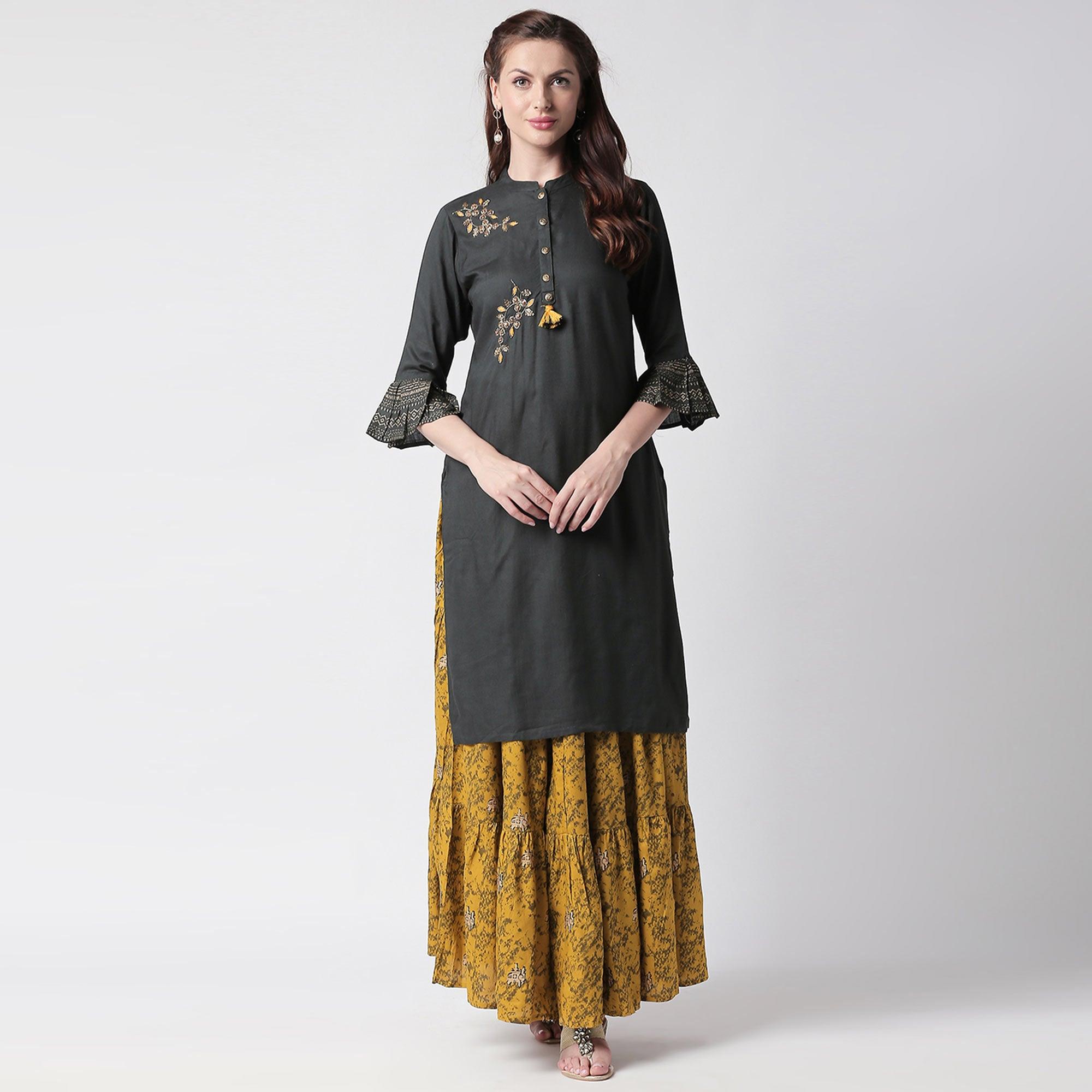 Preferable Black-Green Colored Partywear Embroidered Cotton Kurti-Skirt Set - Peachmode