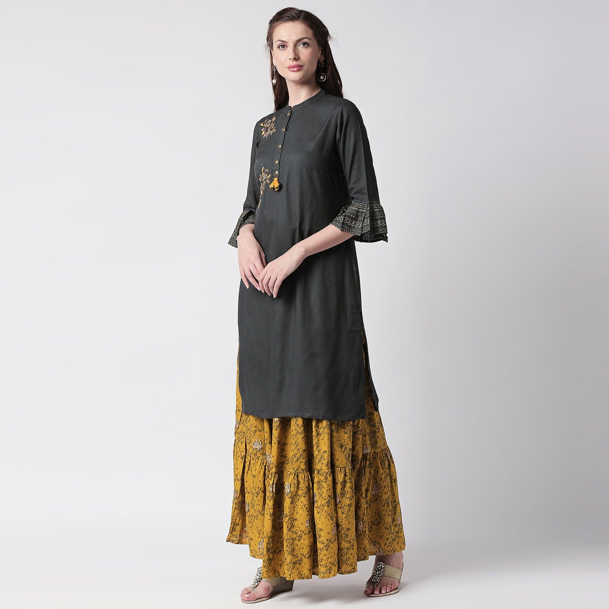 Preferable Black-Green Colored Partywear Embroidered Cotton Kurti-Skirt Set - Peachmode