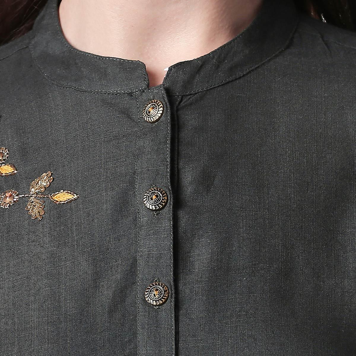 Preferable Black-Green Colored Partywear Embroidered Cotton Kurti-Skirt Set - Peachmode