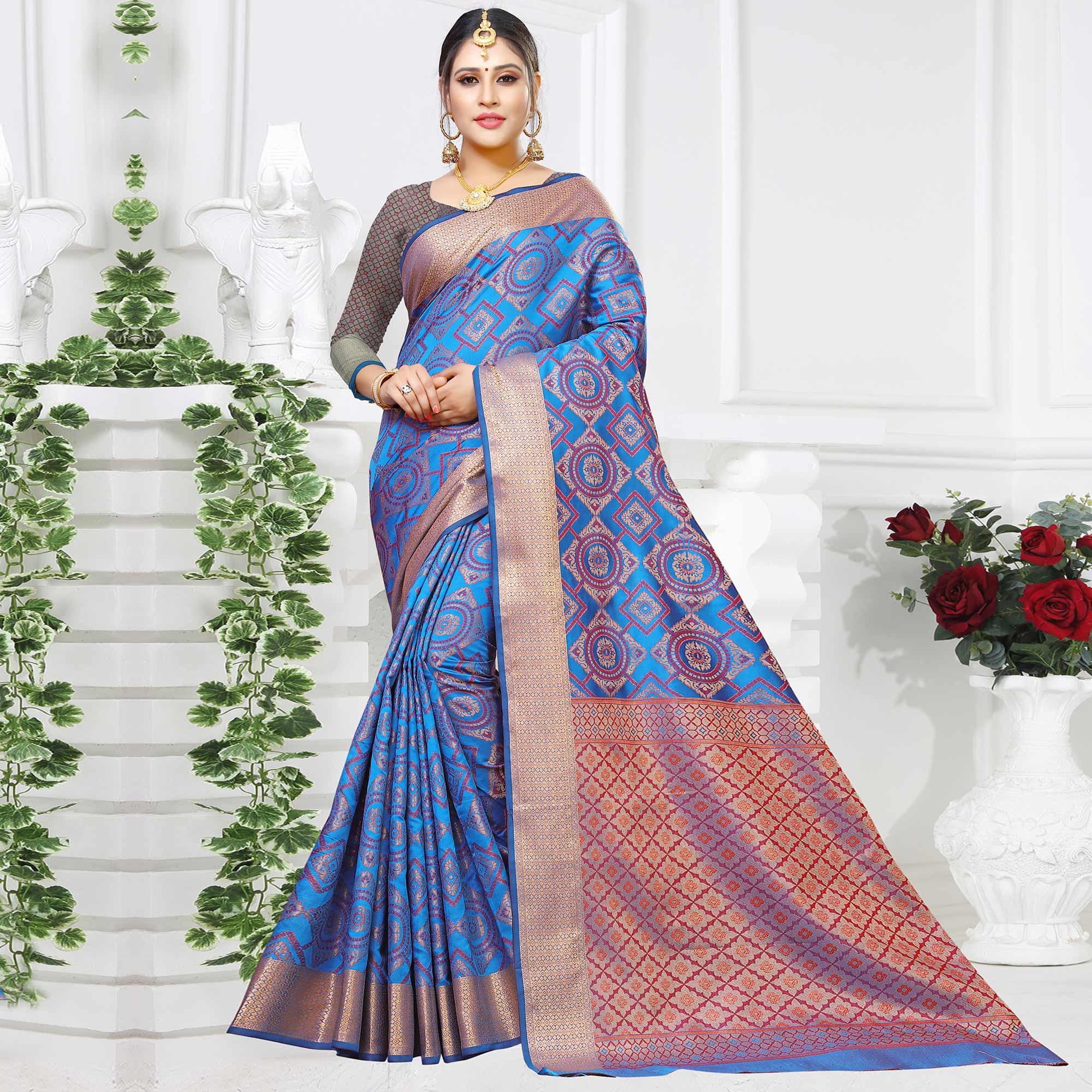 Preferable Blue Colored Festive Wear Woven Silk Saree - Peachmode