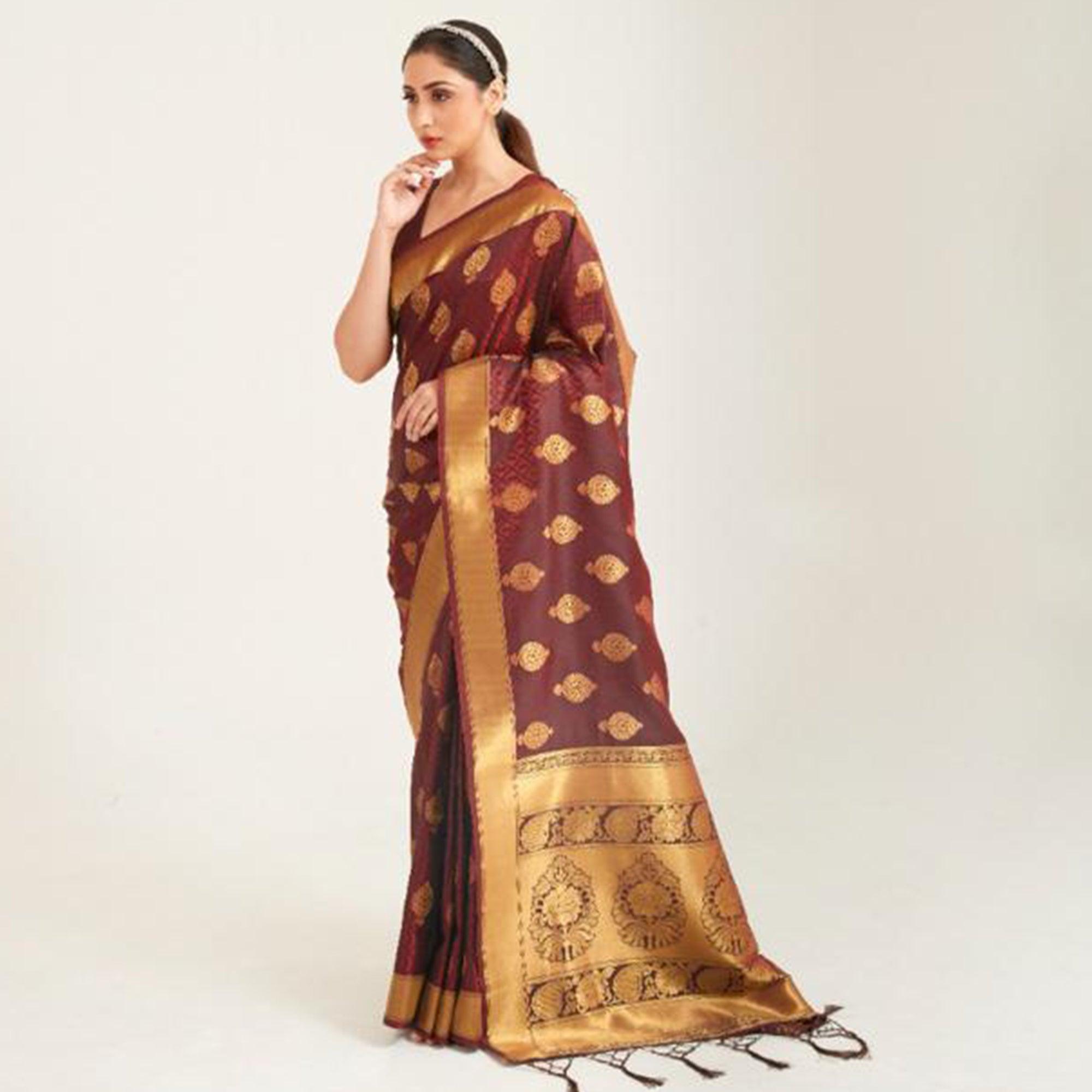 Preferable Brown Coloured Festive Wear Handloom Woven Silk Saree - Peachmode