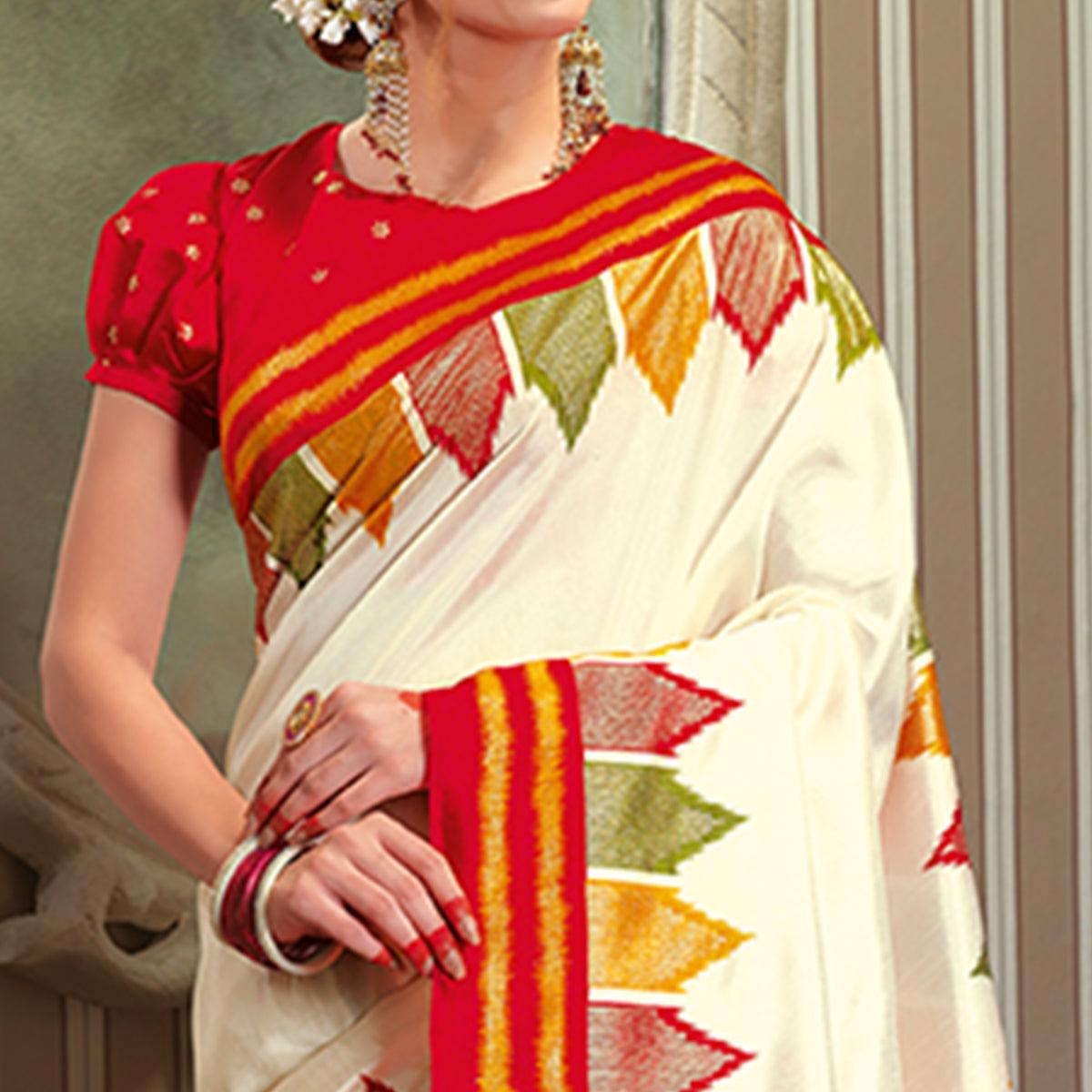 Preferable Cream Colored Festive Wear Patola Silk saree - Peachmode
