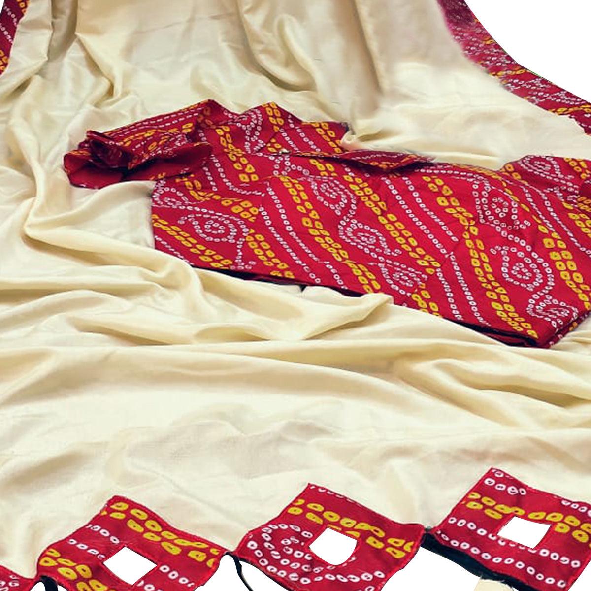 Preferable Cream Colored Party Wear Printed Art Silk Saree - Peachmode