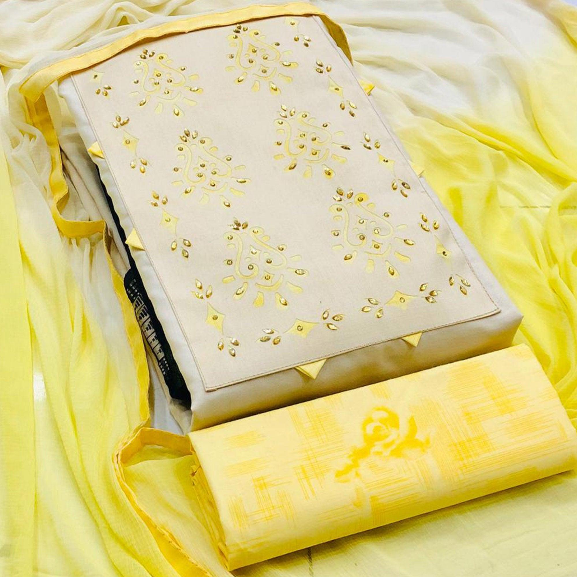 Preferable Cream - Yellow Colored Casual Wear Printed Cotton Dress Material - Peachmode