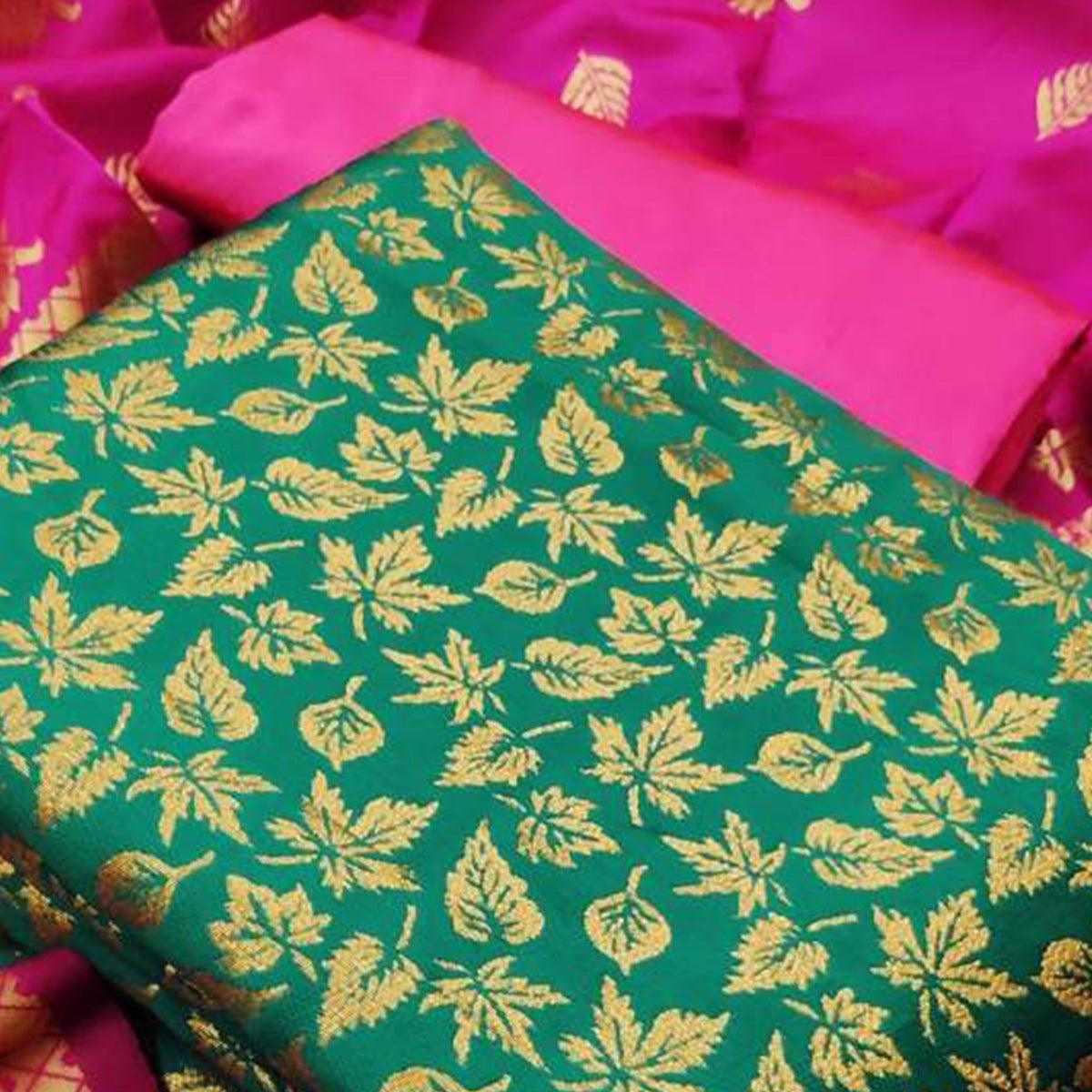 Preferable Dark Green Colored Casual Wear Banarasi Silk Dress Material - Peachmode