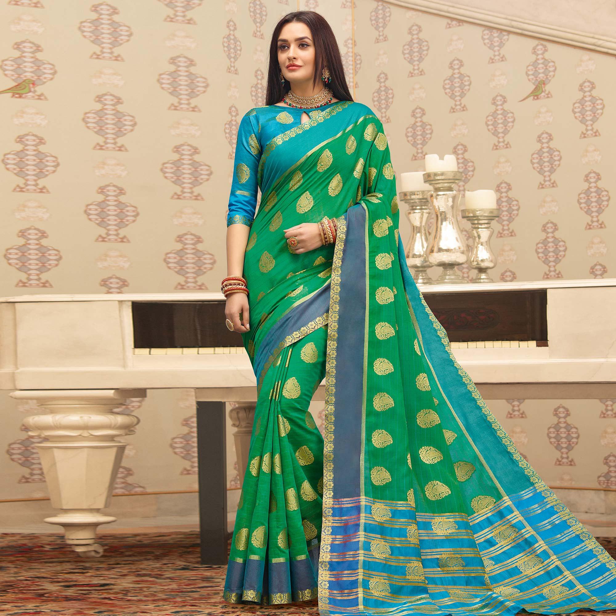 Preferable Dark Green Colored Festive Wear Woven Cotton Handloom Saree - Peachmode