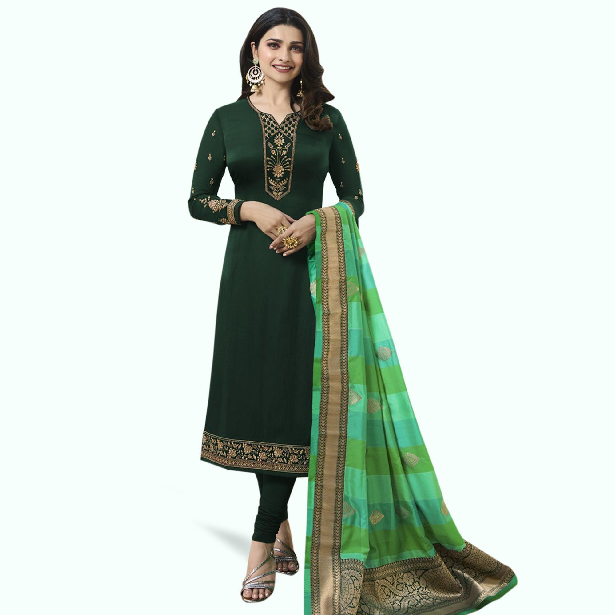 Preferable Dark Green Colored Partywear Embroidered Georgette Suit - Peachmode