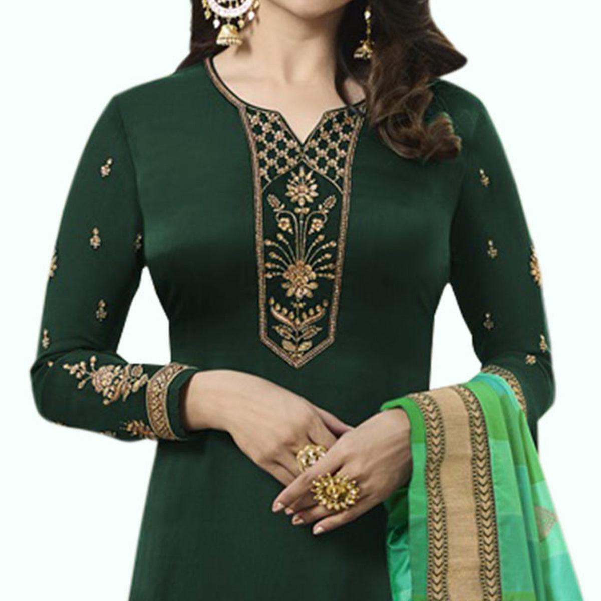 Preferable Dark Green Colored Partywear Embroidered Georgette Suit - Peachmode