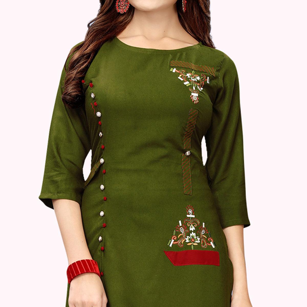 Preferable Dark Olive Green Colored Partywear Embroidered Rayon Kurti - Peachmode