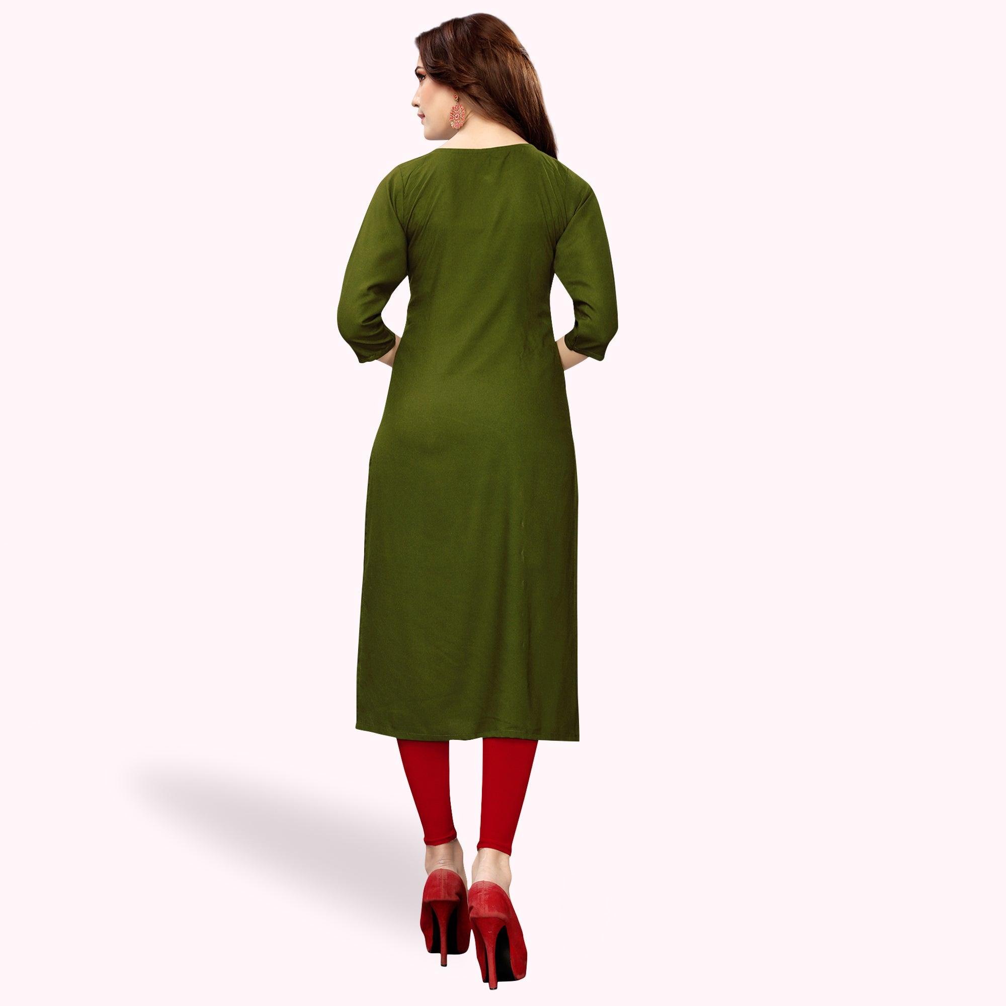 Preferable Dark Olive Green Colored Partywear Embroidered Rayon Kurti - Peachmode