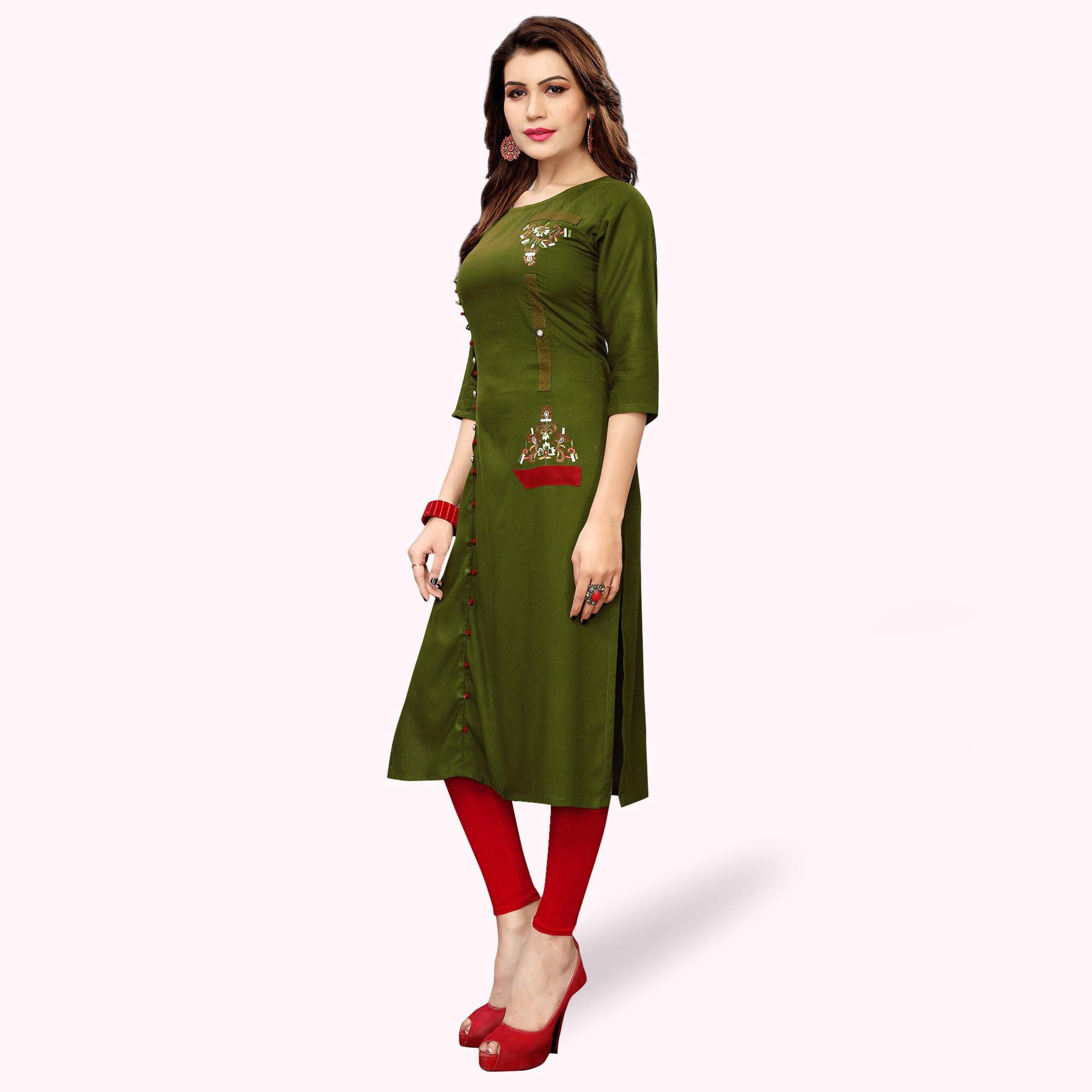 Preferable Dark Olive Green Colored Partywear Embroidered Rayon Kurti - Peachmode