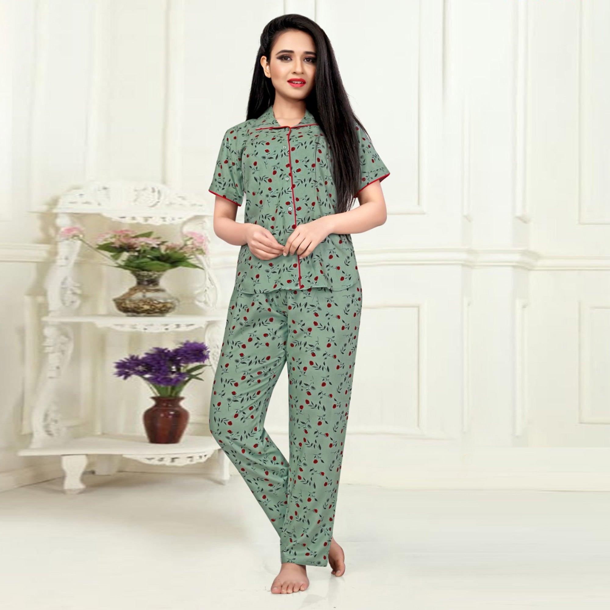Preferable Dusty Green Colored Printed Cotton Rayon Night Suit - Peachmode