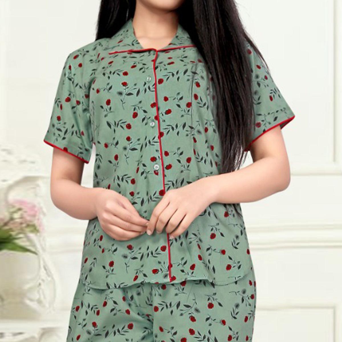 Preferable Dusty Green Colored Printed Cotton Rayon Night Suit - Peachmode