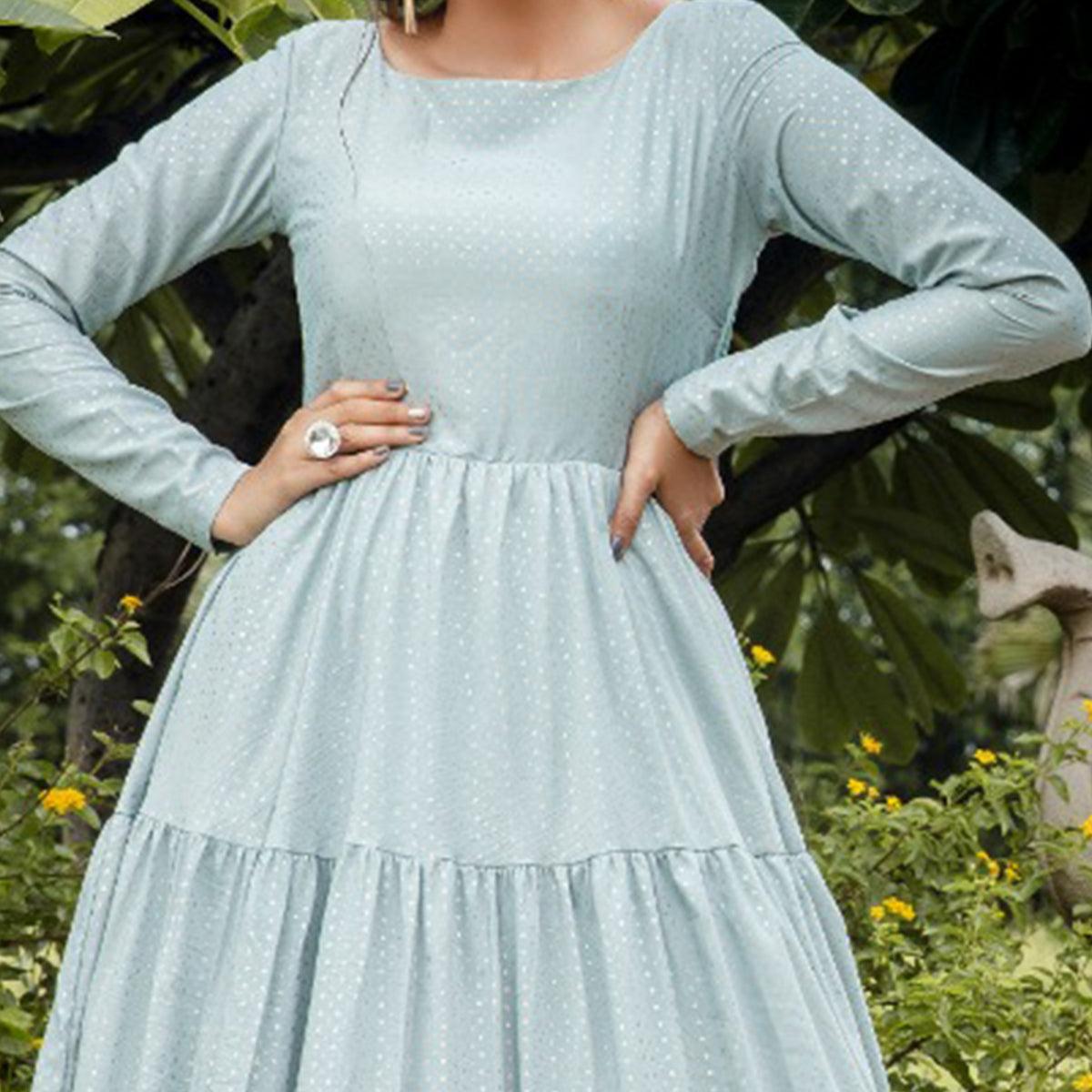 Preferable Dusty Sky Blue Colored Party Wear Foil Printed Silk Blend Gown - Peachmode