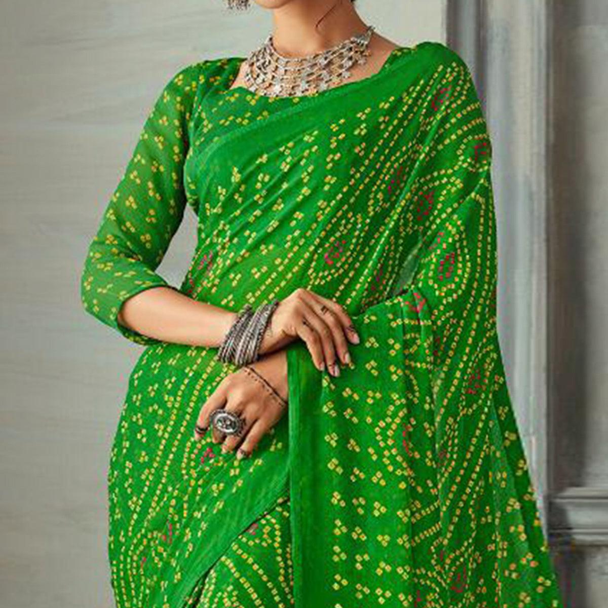 Preferable Green Colored Casual Wear Bandhani Printed Chiffon Saree - Peachmode