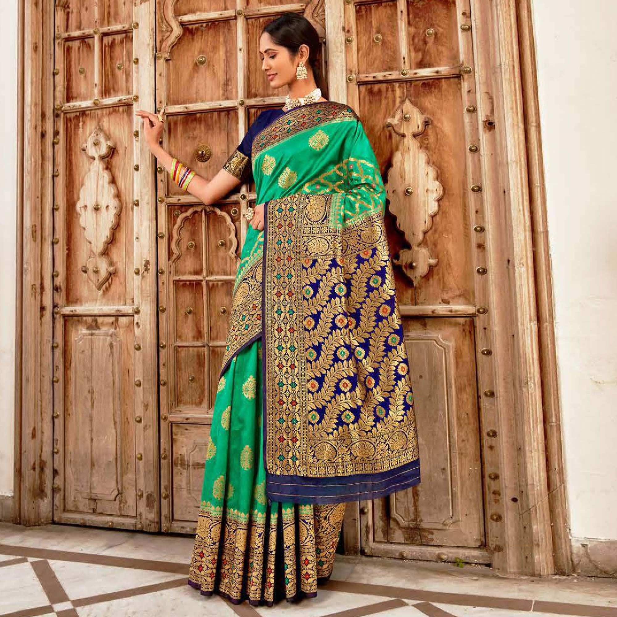 Preferable Green Colored Festive Wear Woven Art Silk Saree - Peachmode