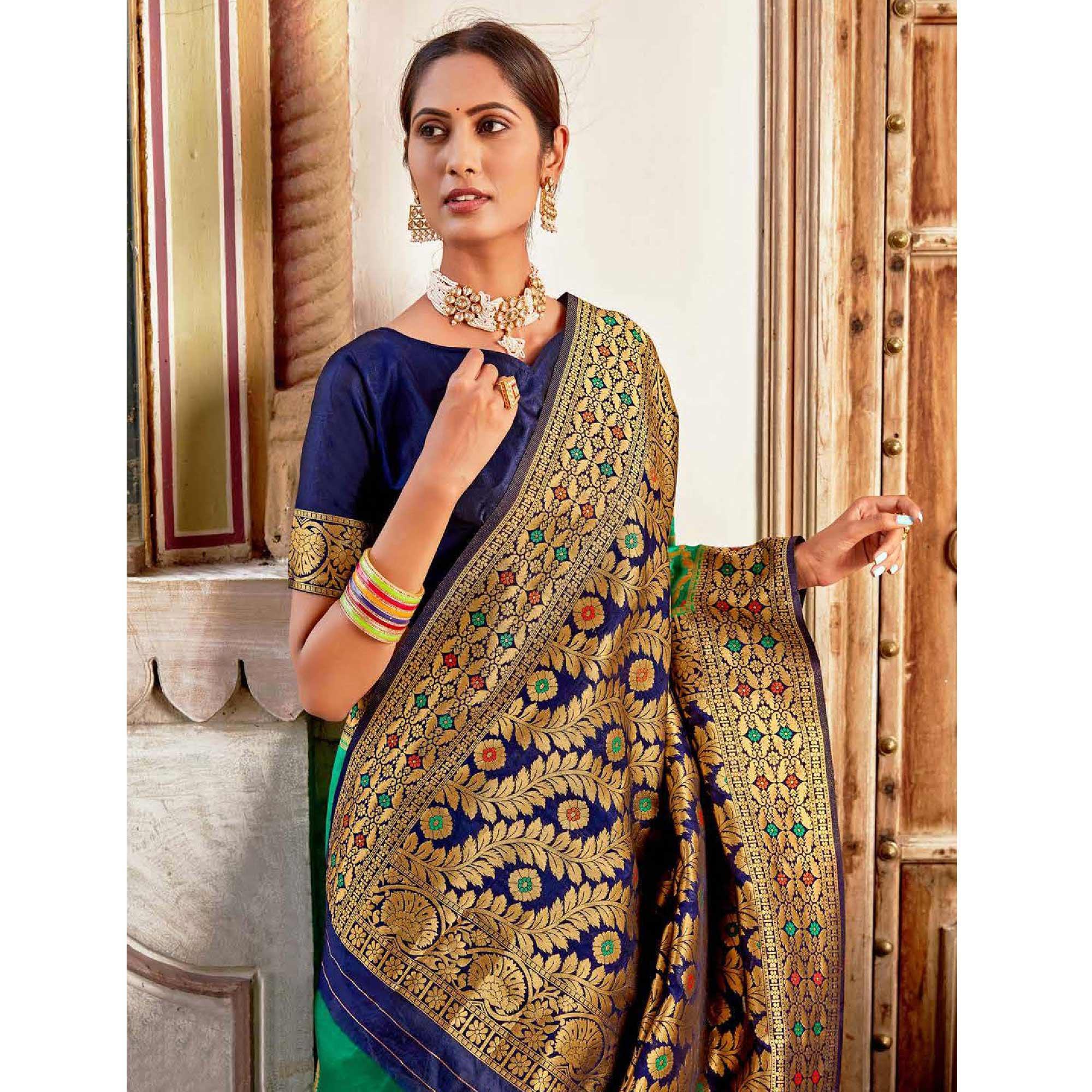 Preferable Green Colored Festive Wear Woven Art Silk Saree - Peachmode