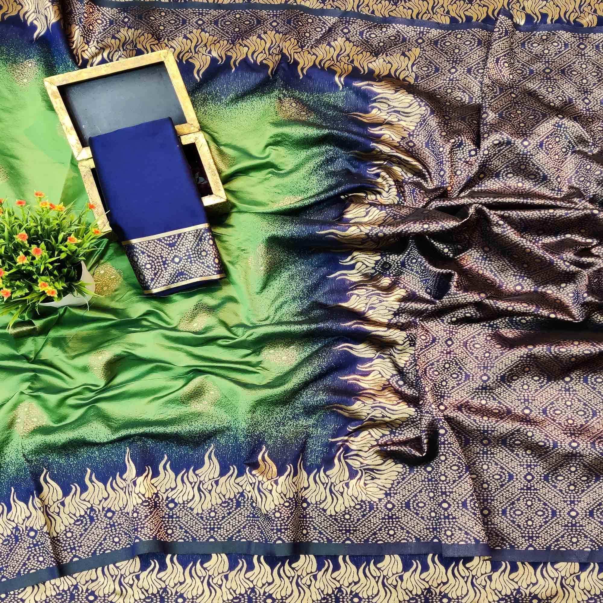 Preferable Green Colored Festive Wear Woven Banarasi Jacquard Saree - Peachmode