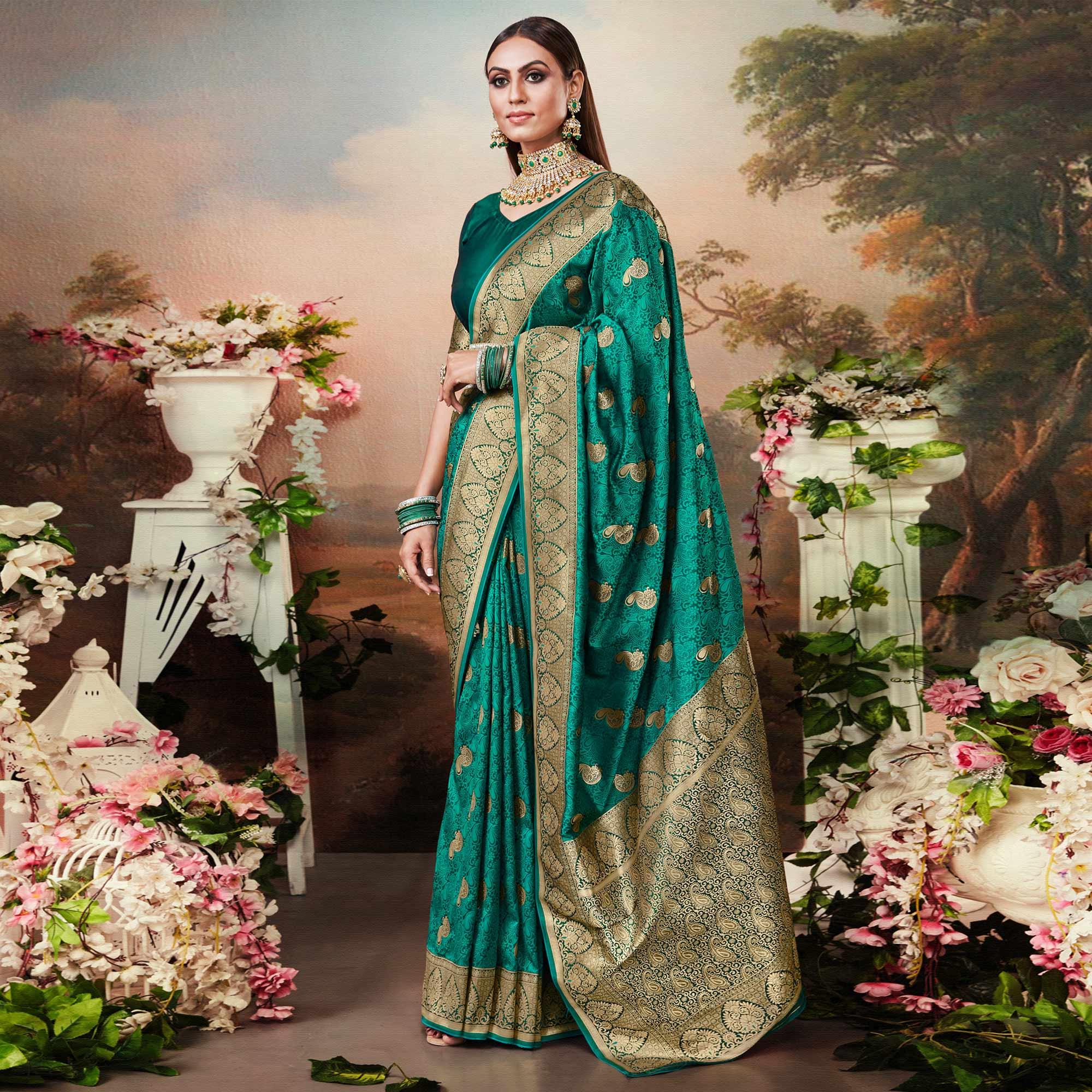 Preferable Green Colored Festive Wear Woven Banarasi Silk Saree - Peachmode