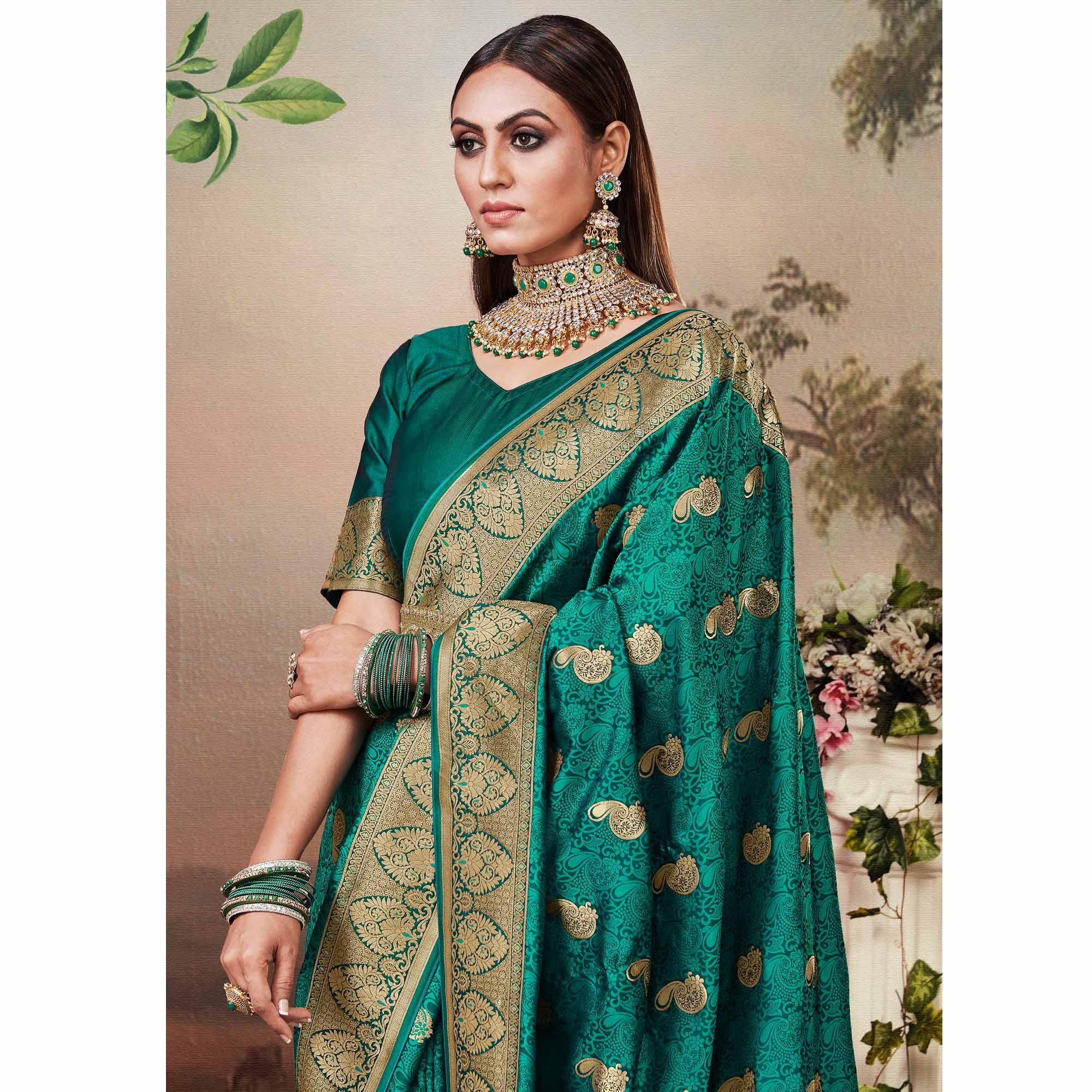Preferable Green Colored Festive Wear Woven Banarasi Silk Saree - Peachmode