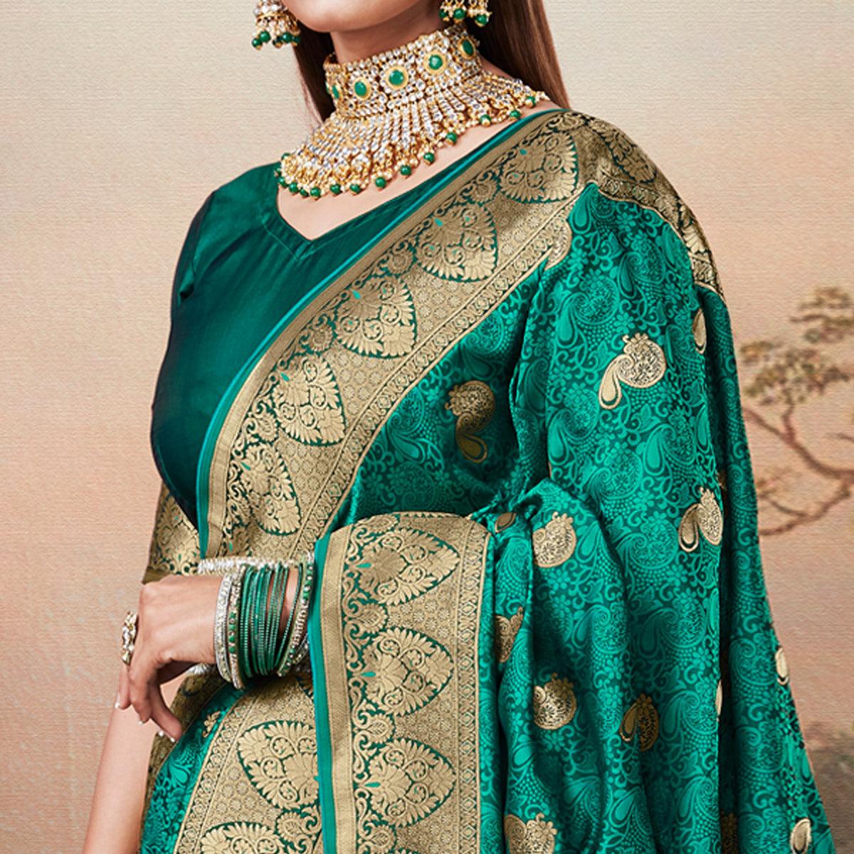 Preferable Green Colored Festive Wear Woven Banarasi Silk Saree - Peachmode