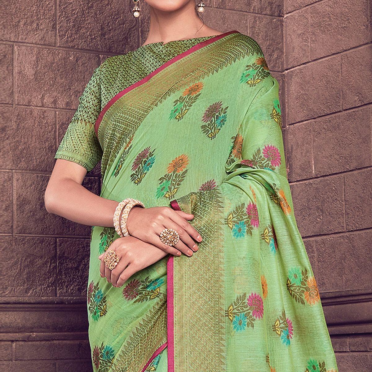 Preferable Green Colored Festive Wear Woven Handloom Silk Saree - Peachmode