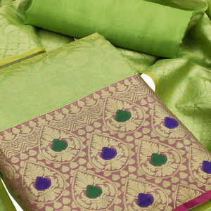 Preferable Green Colored Festive Wear Woven Heavy Banarasi Silk Dress Material - Peachmode