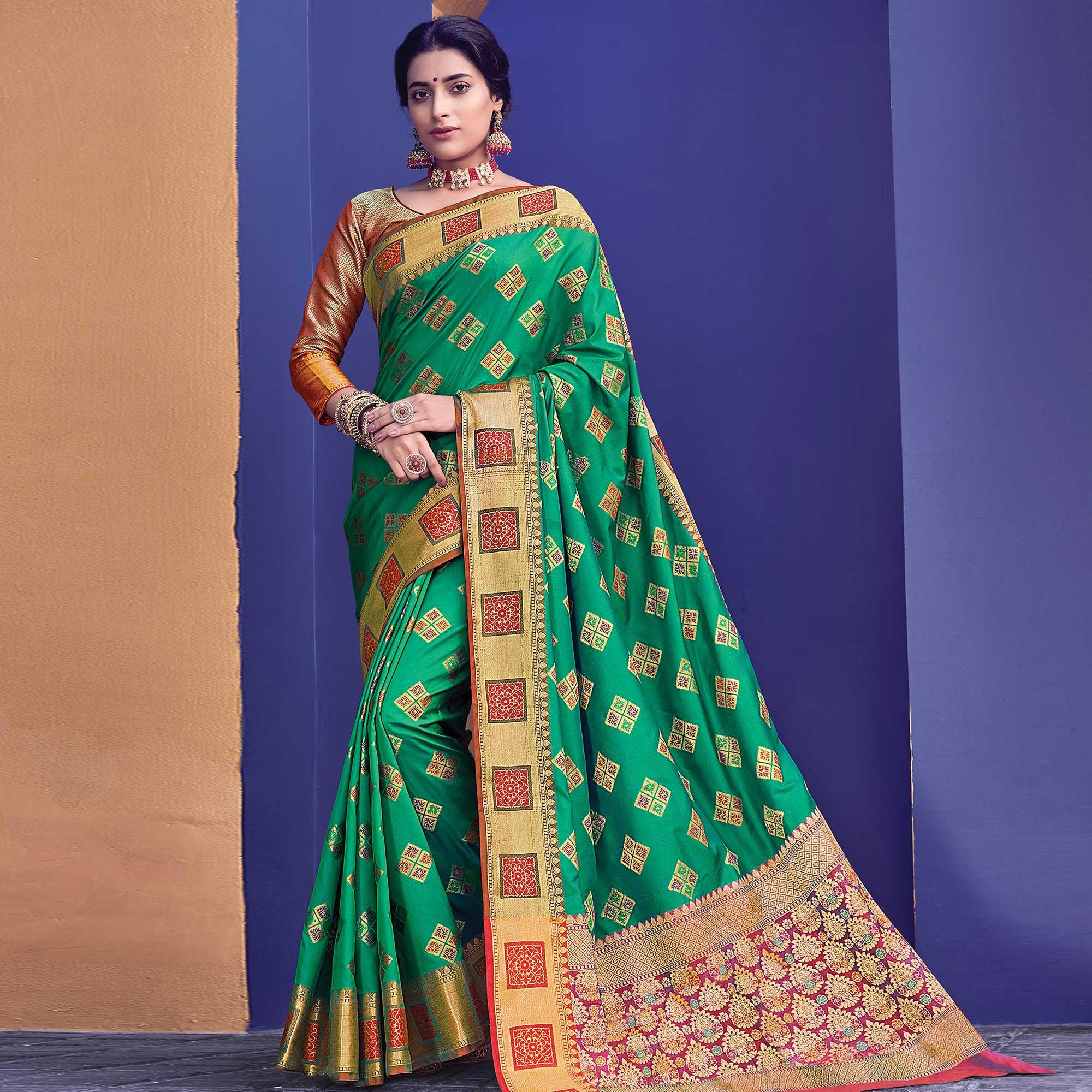 Preferable Green Colored Festive Wear Woven Heavy Banarasi Silk Saree - Peachmode