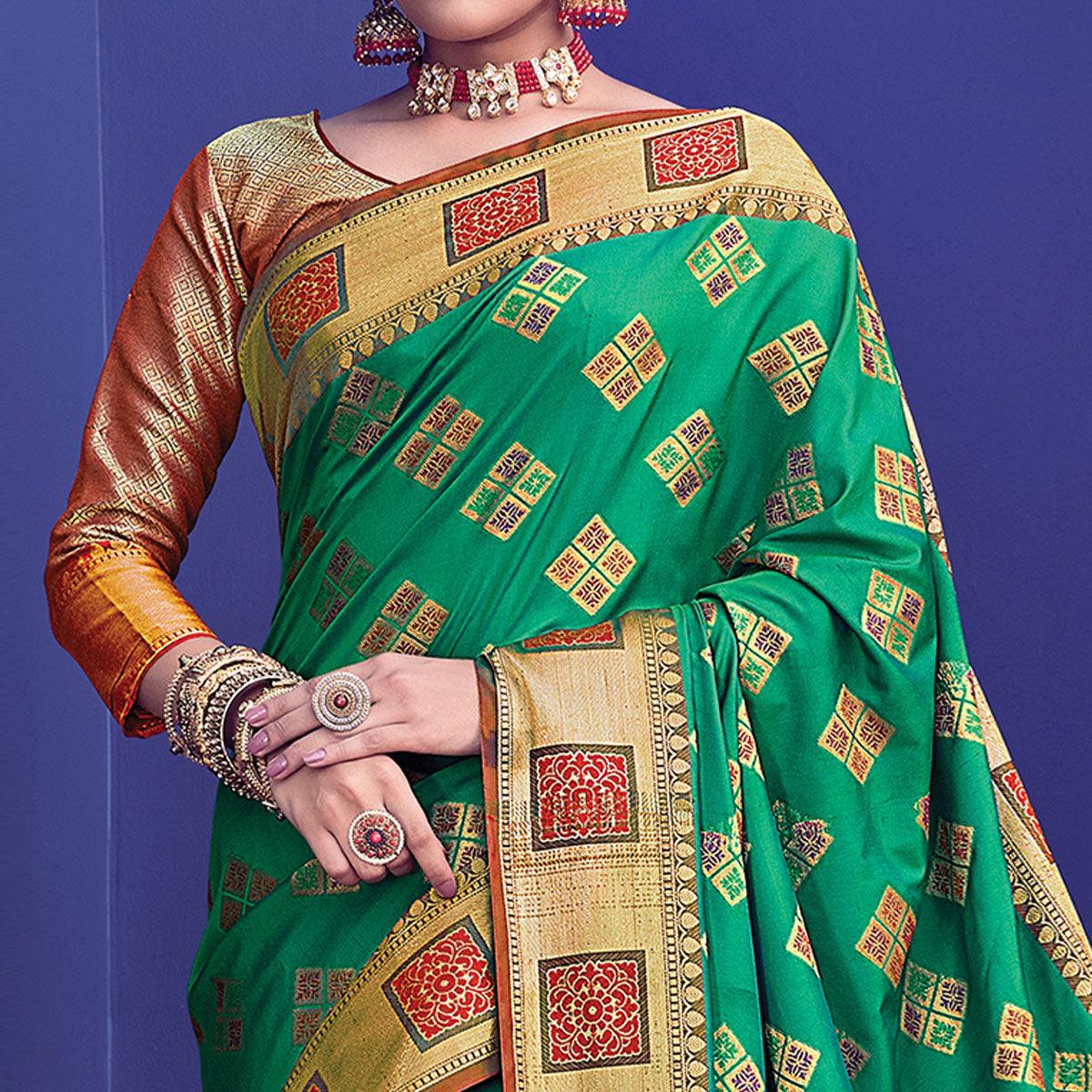Preferable Green Colored Festive Wear Woven Heavy Banarasi Silk Saree - Peachmode