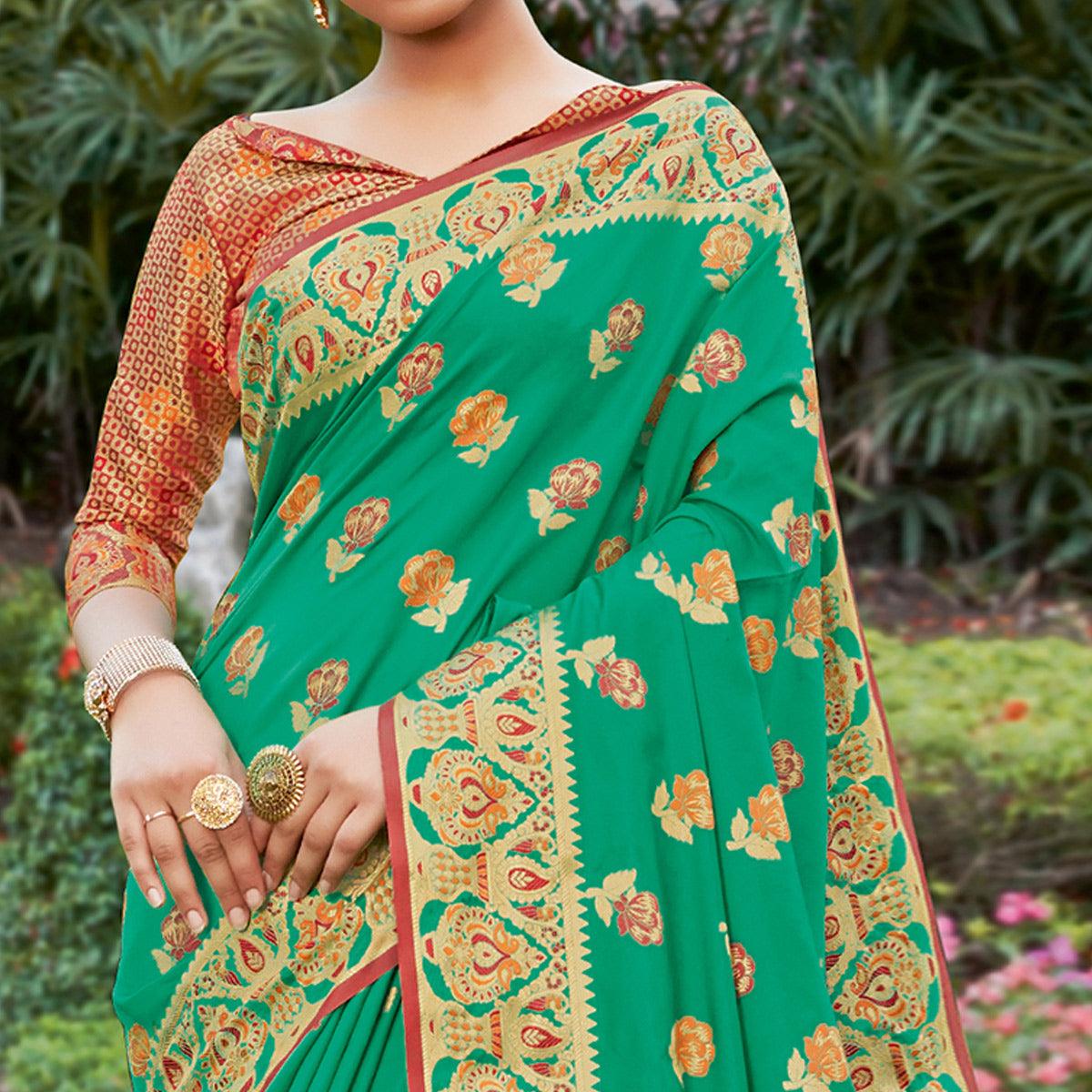 Preferable Green Colored Festive Wear Woven Heavy Banarasi Silk Sareee - Peachmode