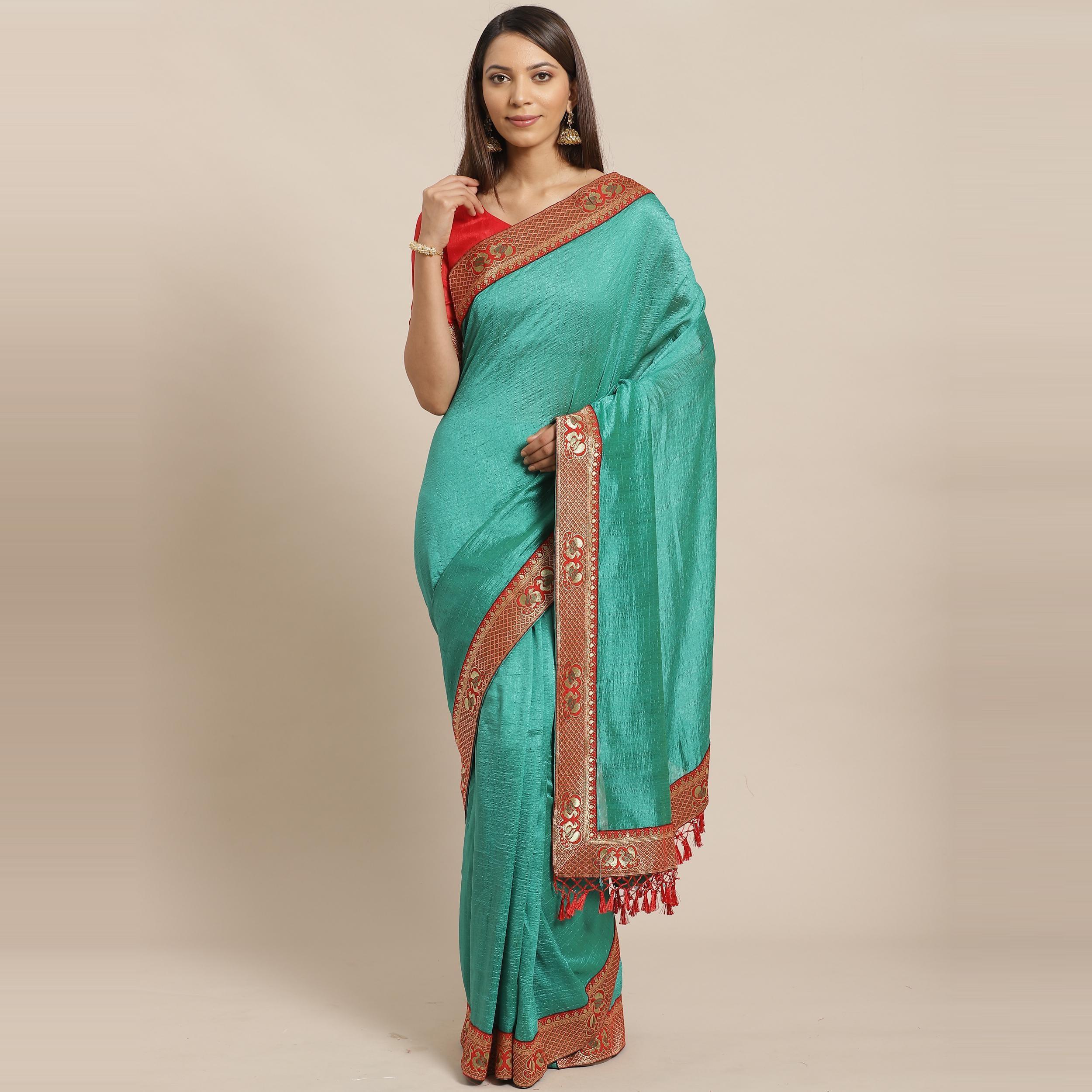 Preferable Green Colored Festive Woven Silk Blend Saree - Peachmode