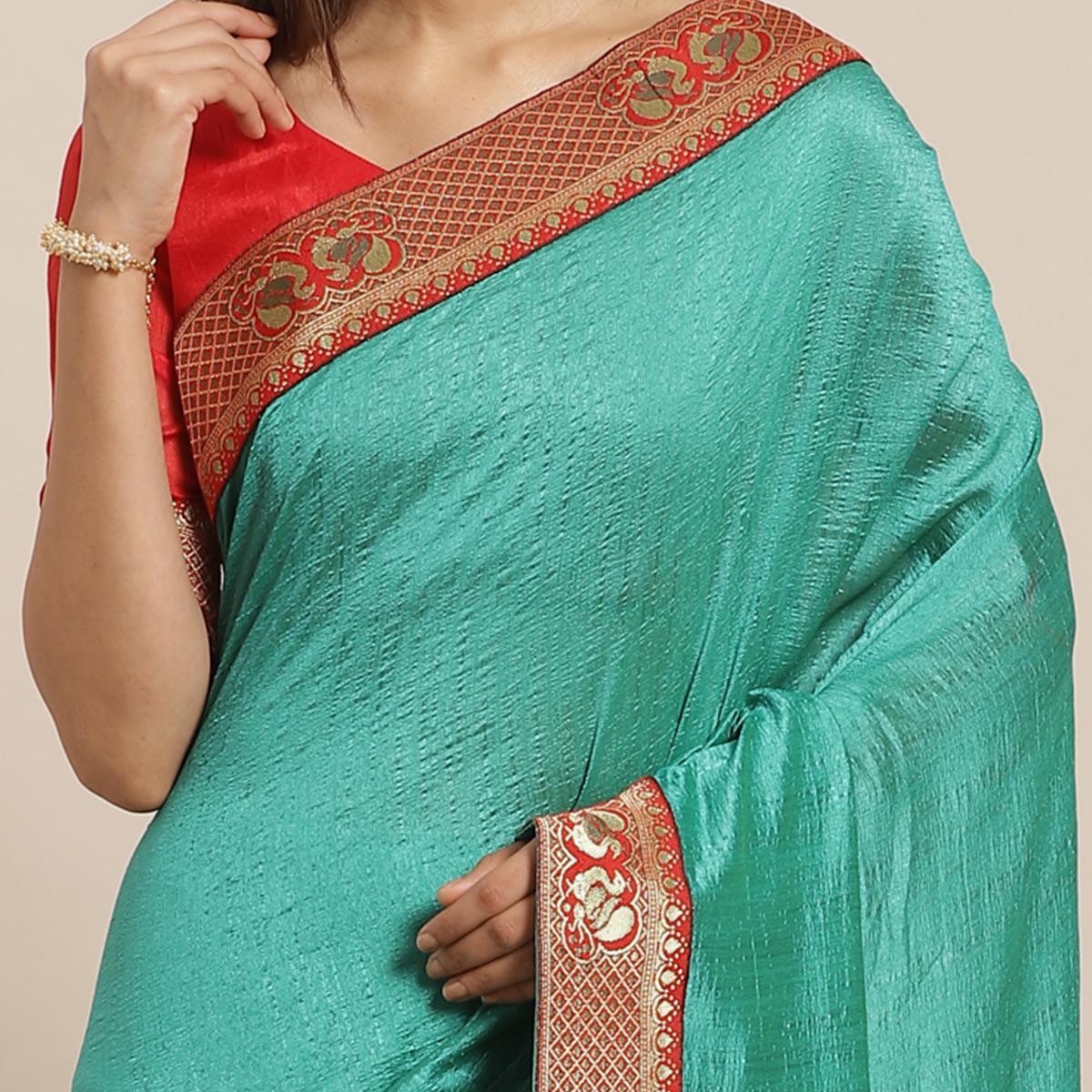 Preferable Green Colored Festive Woven Silk Blend Saree - Peachmode