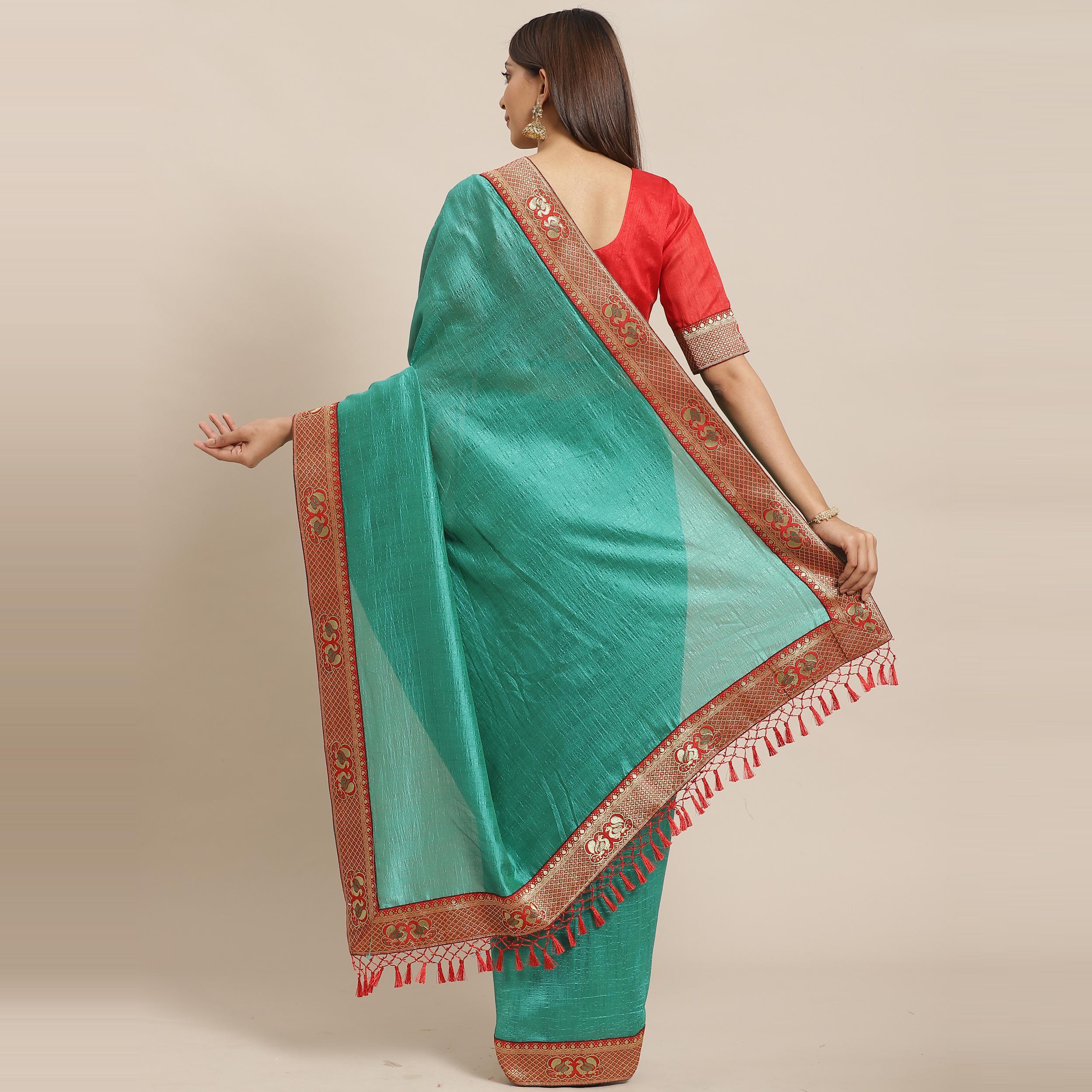 Preferable Green Colored Festive Woven Silk Blend Saree - Peachmode