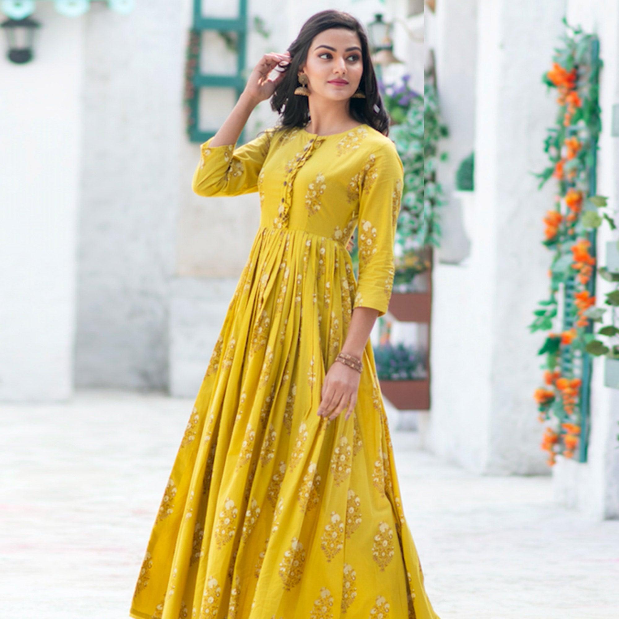 Preferable Lemon Yellow Colored Partywear Digital Printed Pure Muslin Gown - Peachmode