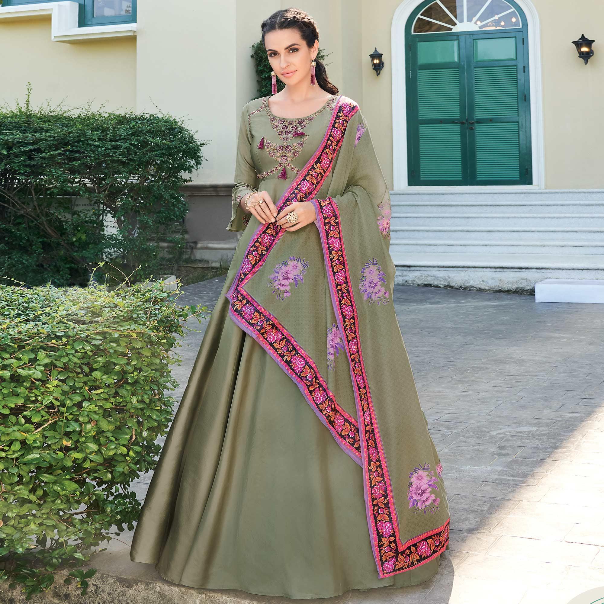 Preferable Light Green Colored Partywear Embroidered Silk Anarkali Suit - Peachmode