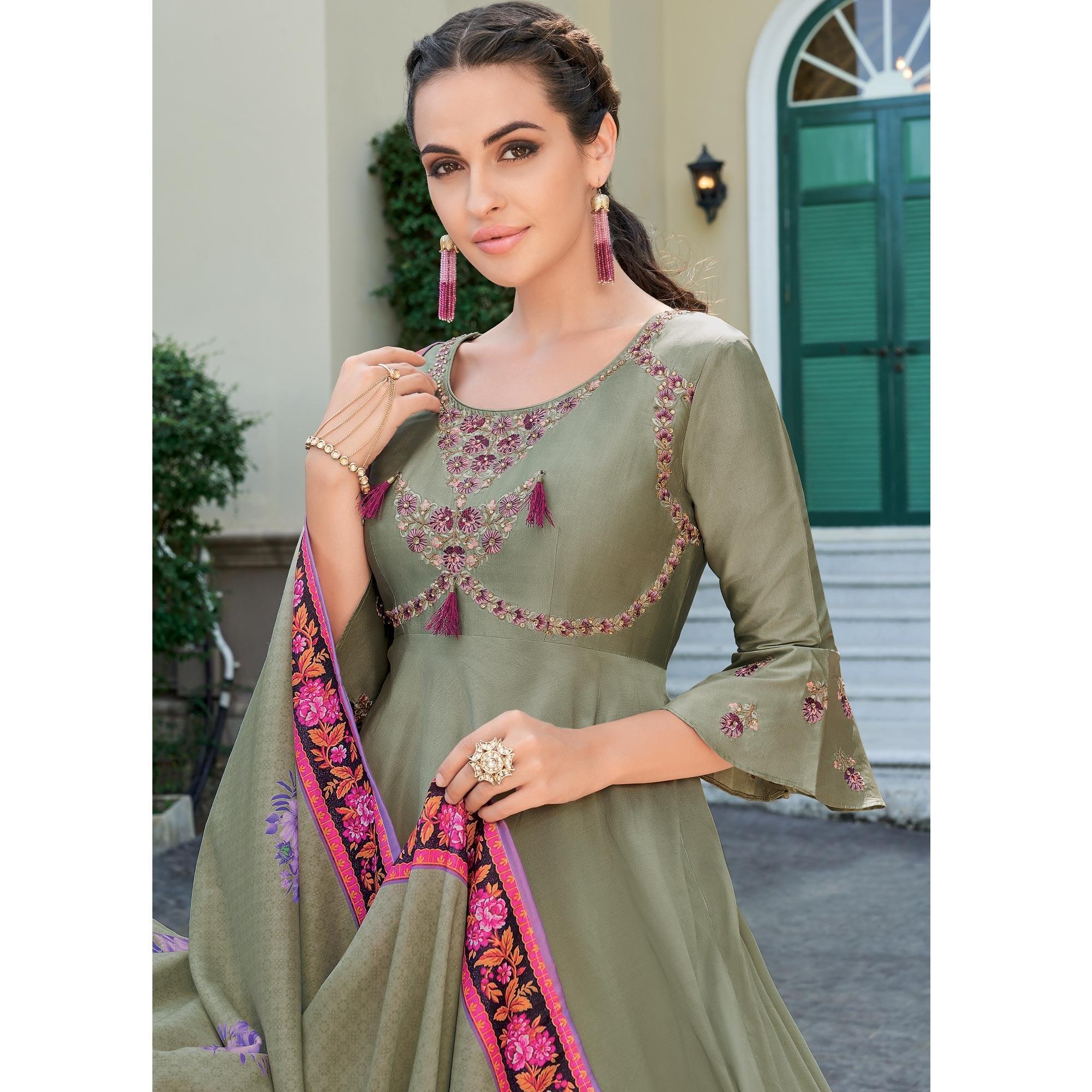 Preferable Light Green Colored Partywear Embroidered Silk Anarkali Suit - Peachmode