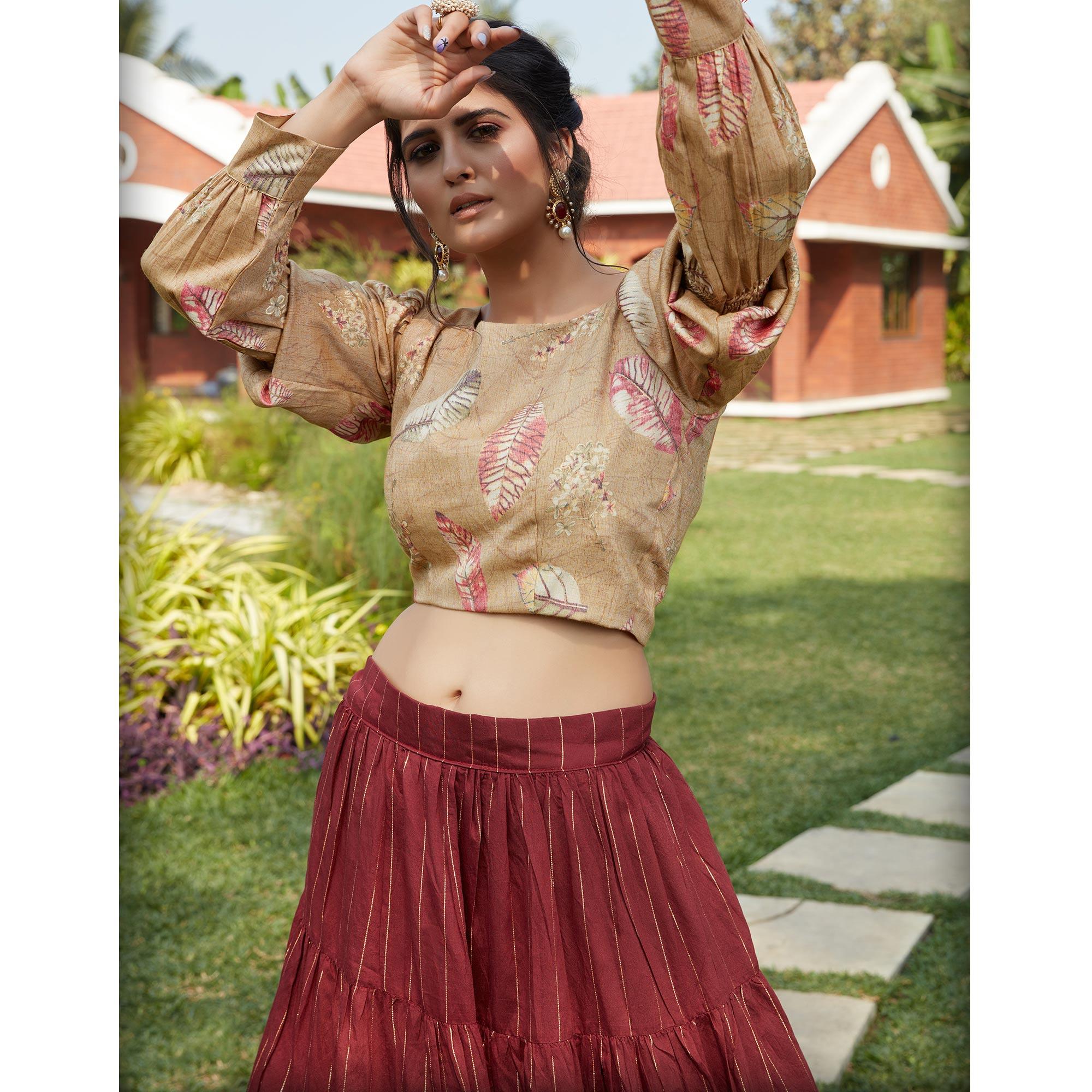 Preferable Maroon - Multi Colored Wedding Partywear Woven Cotton Lehenga Choli - Peachmode