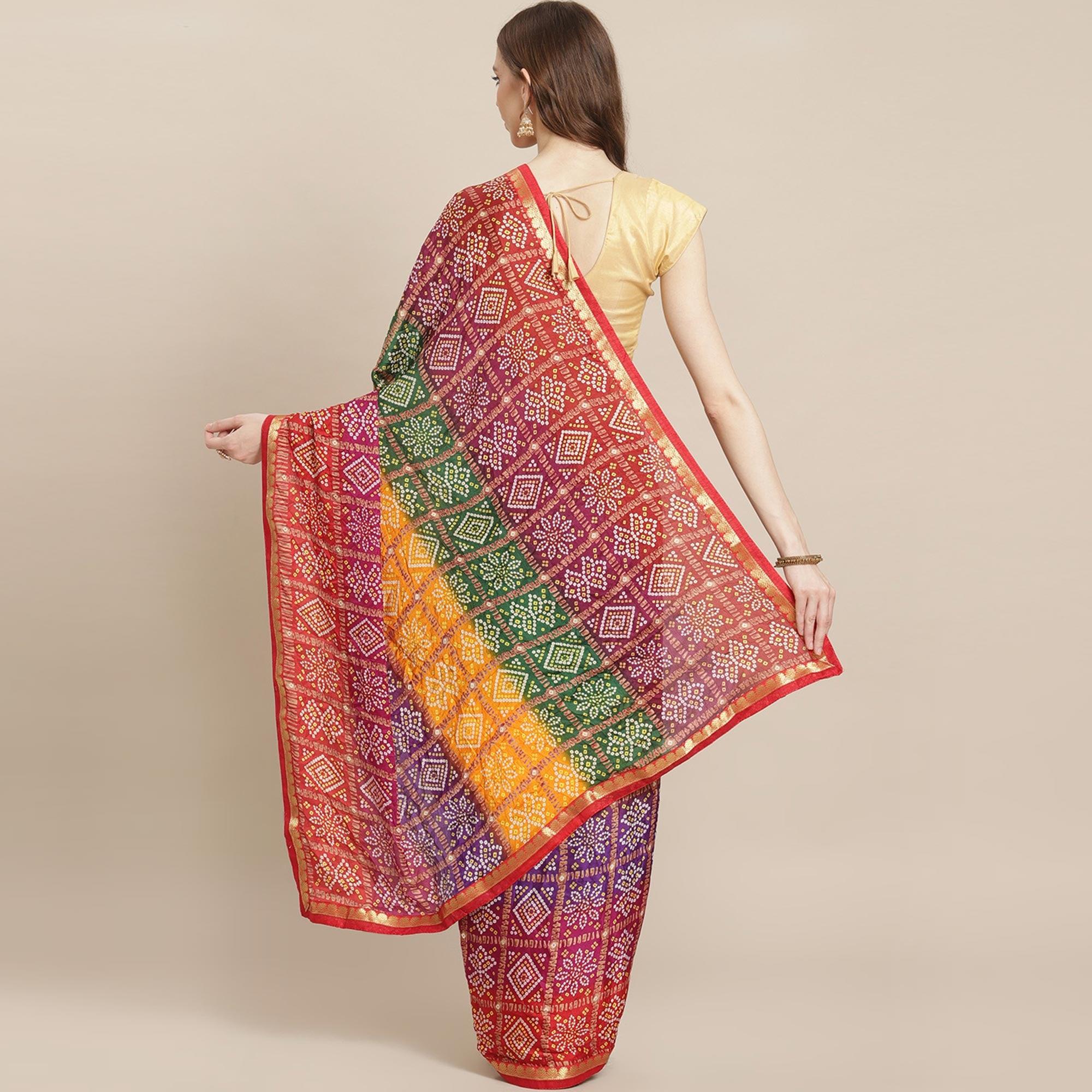 Preferable Multi Colored Festive Wear Woven Moss Georgette Saree - Peachmode