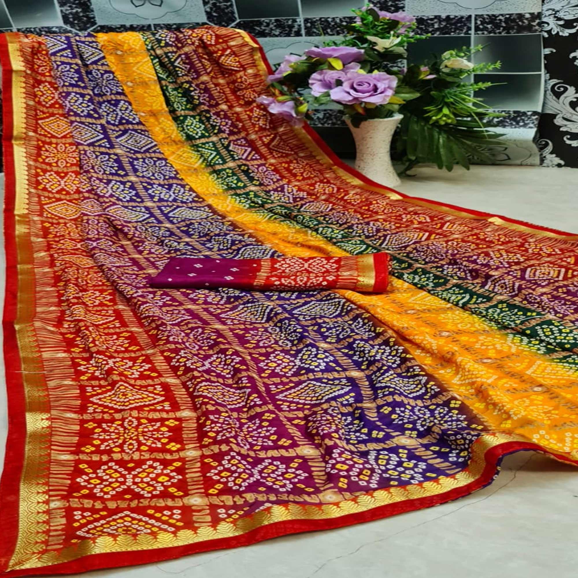 Preferable Multi Colored Festive Wear Woven Moss Georgette Saree - Peachmode