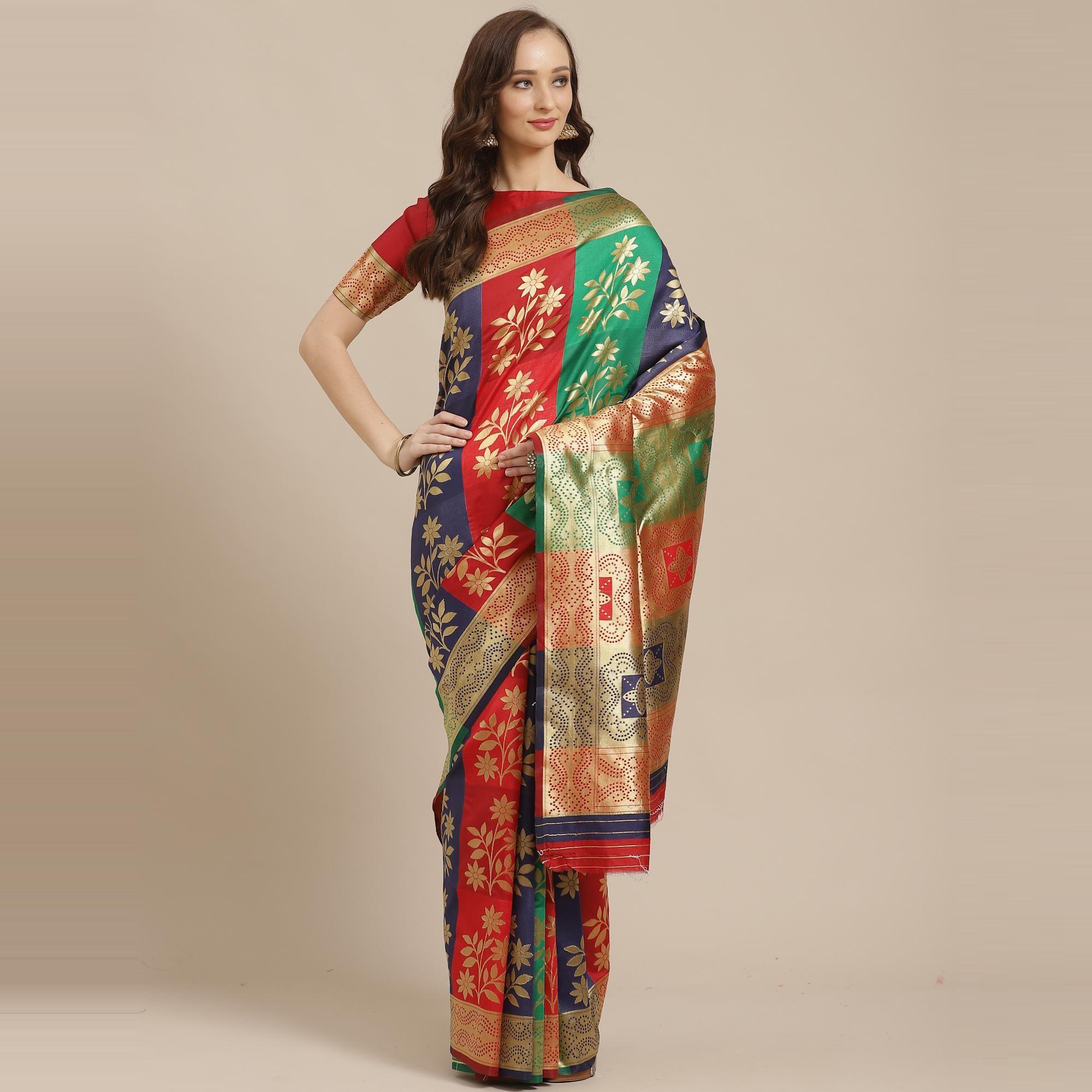 Preferable Multi Colored Festive Wear Woven Silk Blend Saree - Peachmode