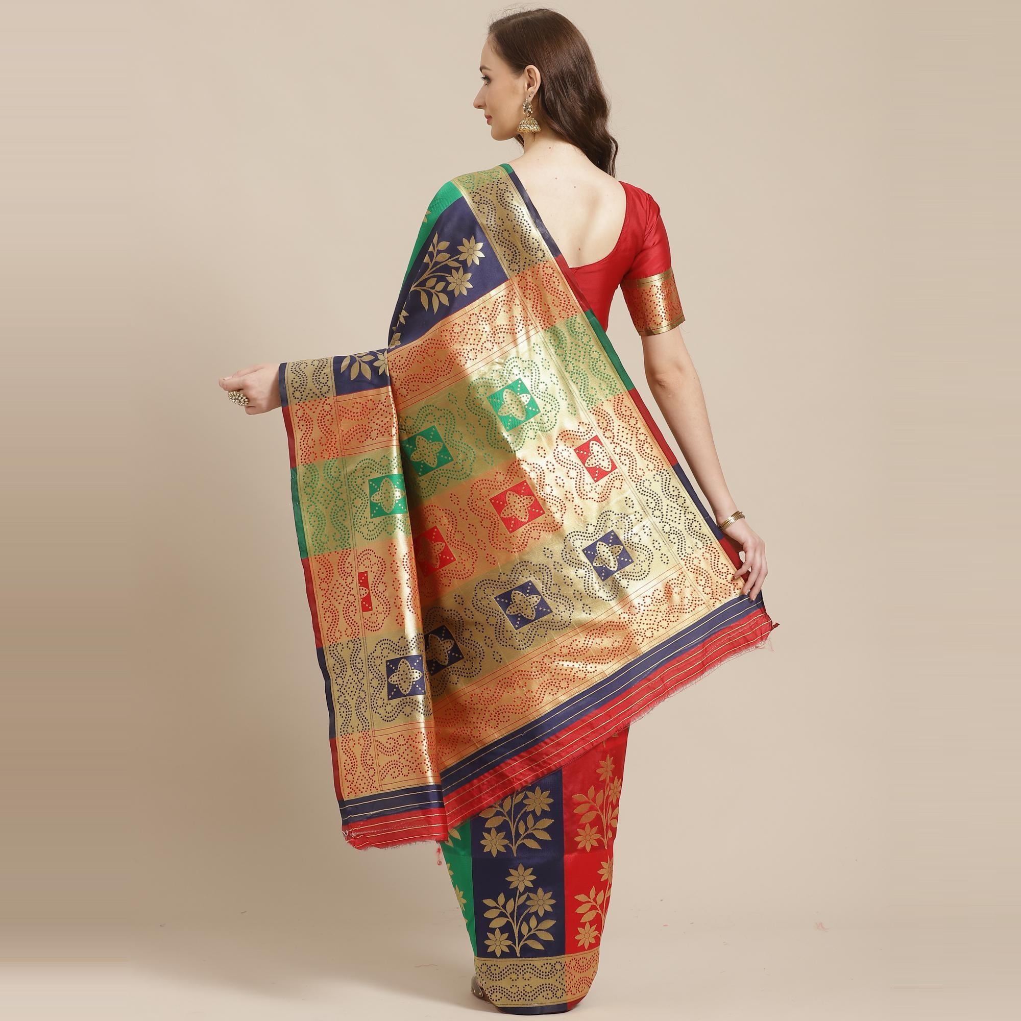 Preferable Multi Colored Festive Wear Woven Silk Blend Saree - Peachmode