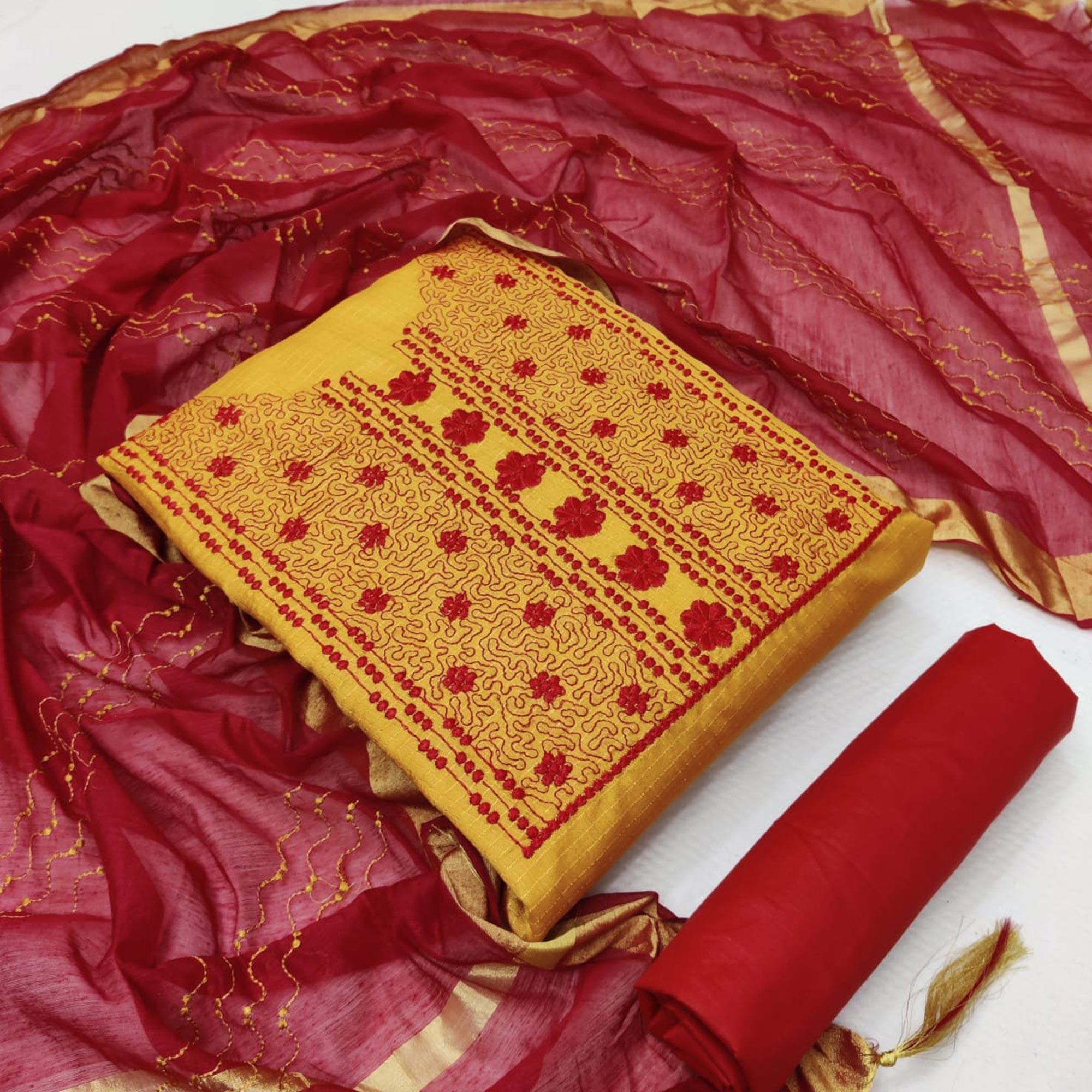 Preferable Mustard Colored Festive Wear Embroidered Manipri Cotton Dress Material - Peachmode