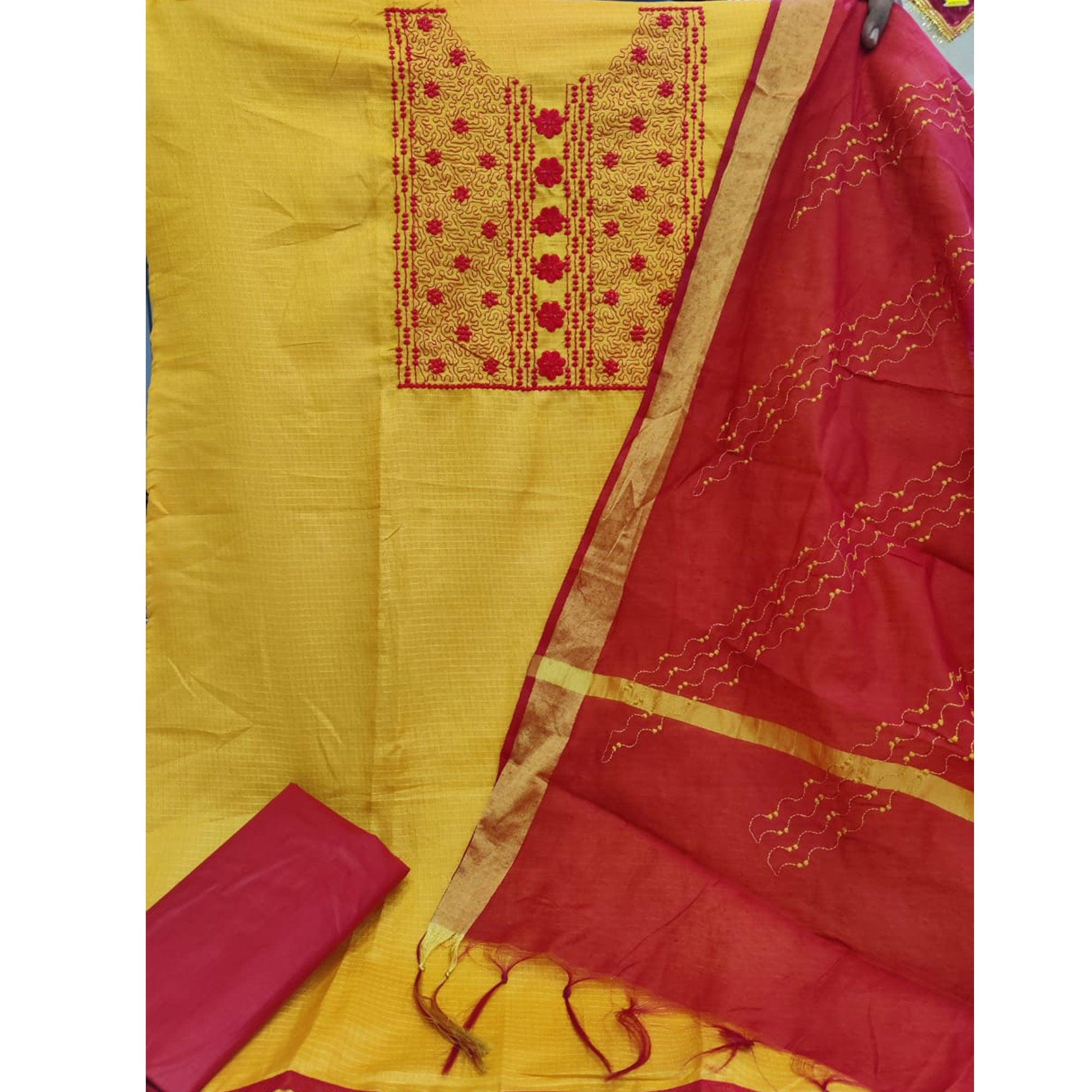 Preferable Mustard Colored Festive Wear Embroidered Manipri Cotton Dress Material - Peachmode