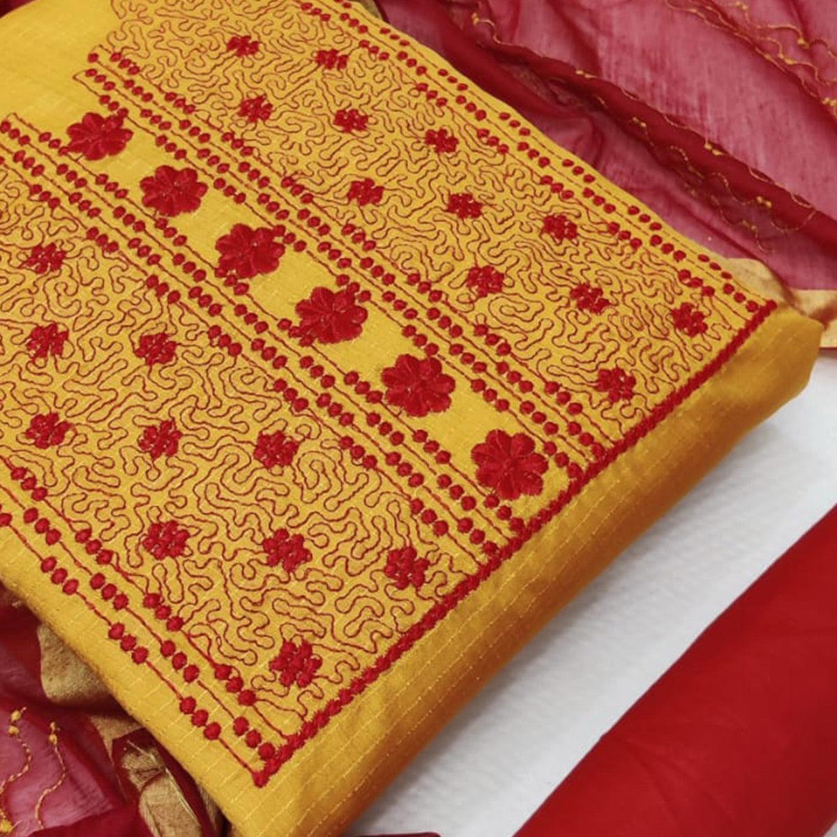 Preferable Mustard Colored Festive Wear Embroidered Manipri Cotton Dress Material - Peachmode